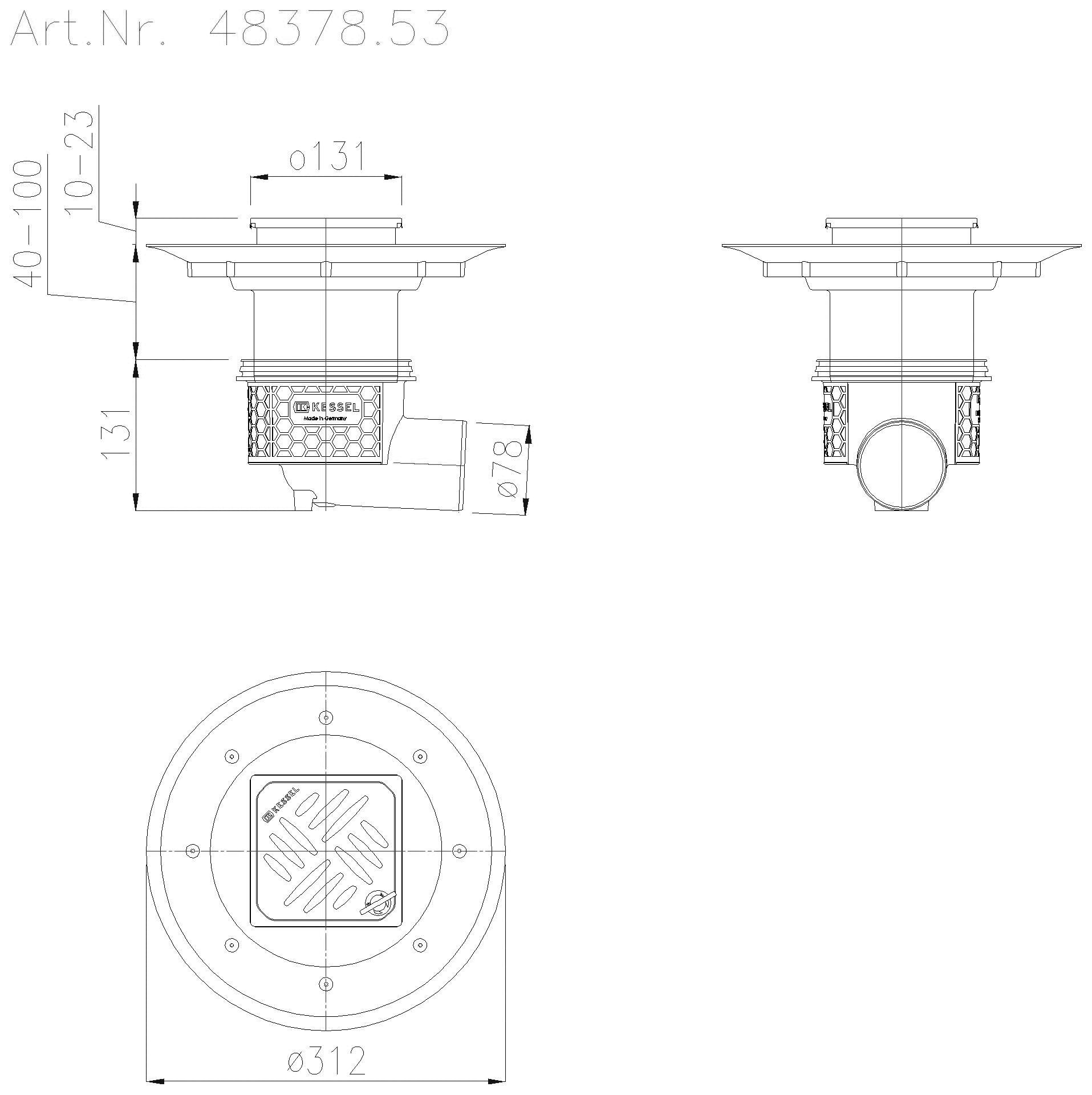 KESSEL-Objektablauf Ecoguss DN 70, seitl., Dünnbett., Designrost