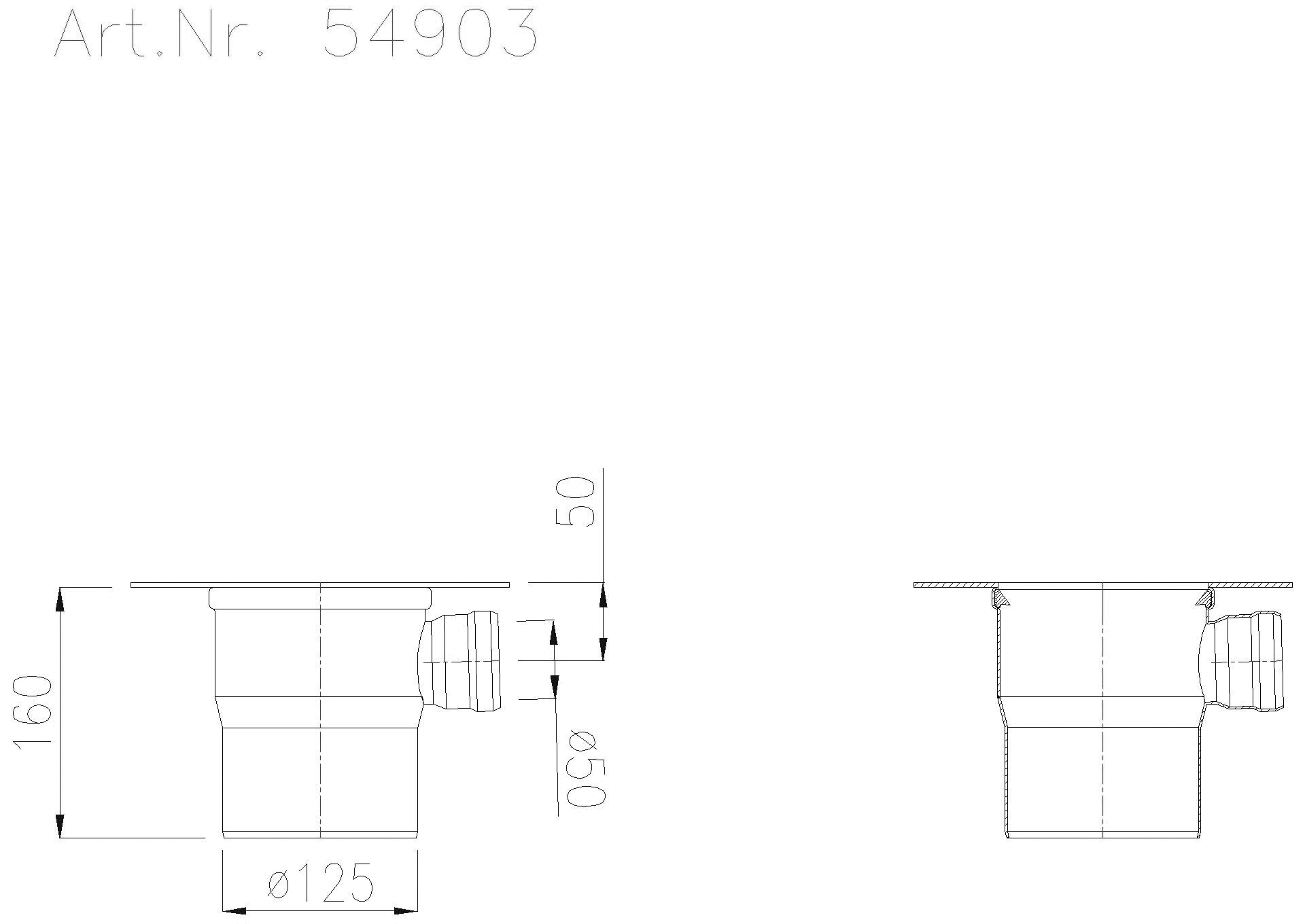 KESSEL-Verlängerungsstück System 125 V2A,1 Zulauf seitl. DN 50, Klebeflansch