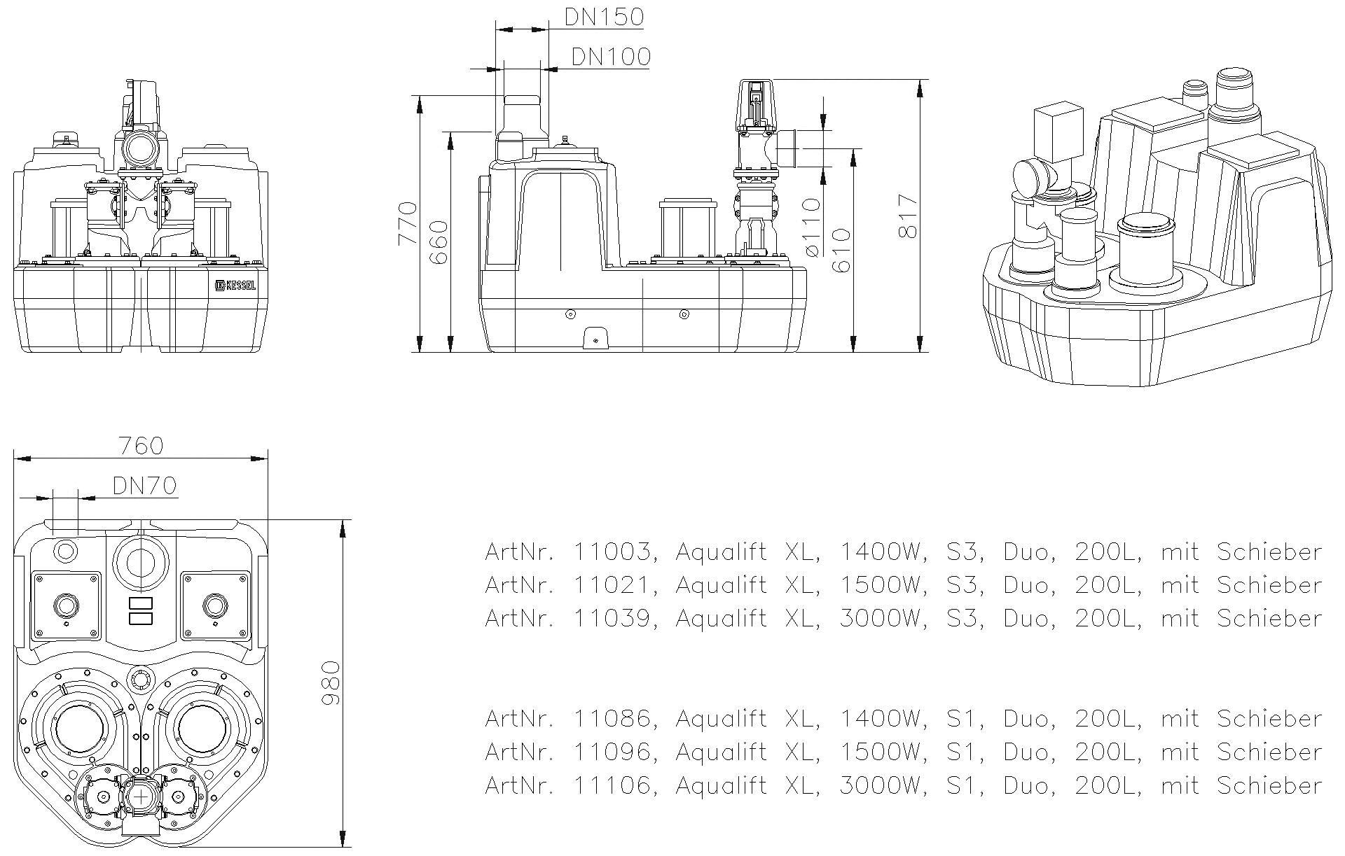 KESSEL-Hebeanlage Aqualift F XL 200 l Duo, SPF 3000-S1, Schieber