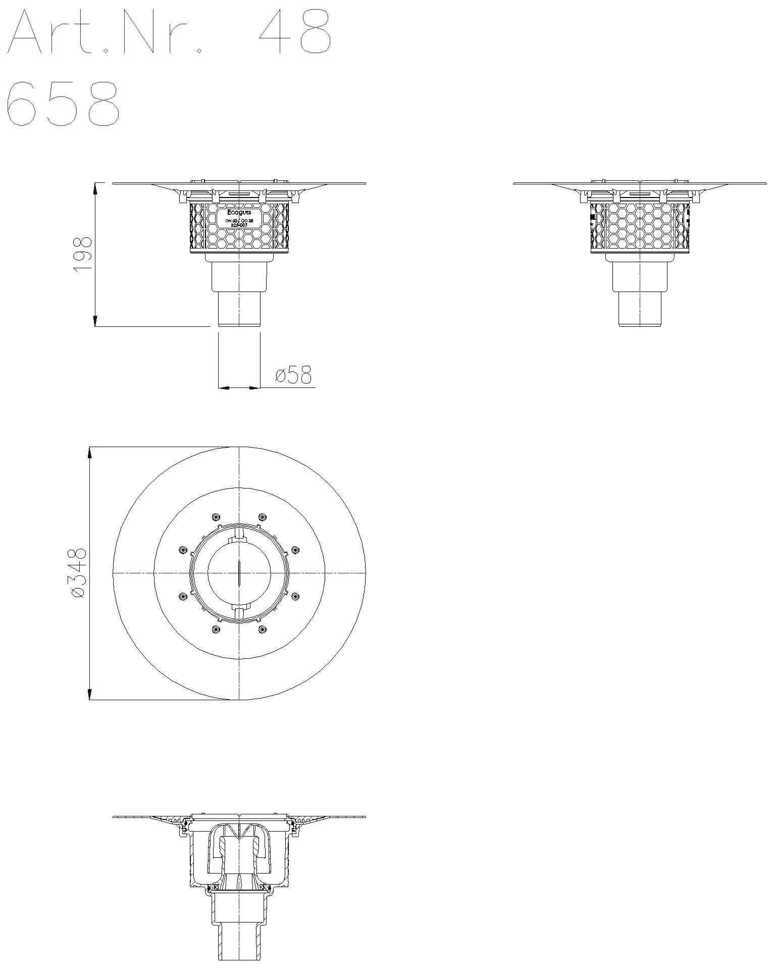 KESSEL-Grundkörper Ecoguss Klebeflansch, DN 50, Auslauf senkrecht
