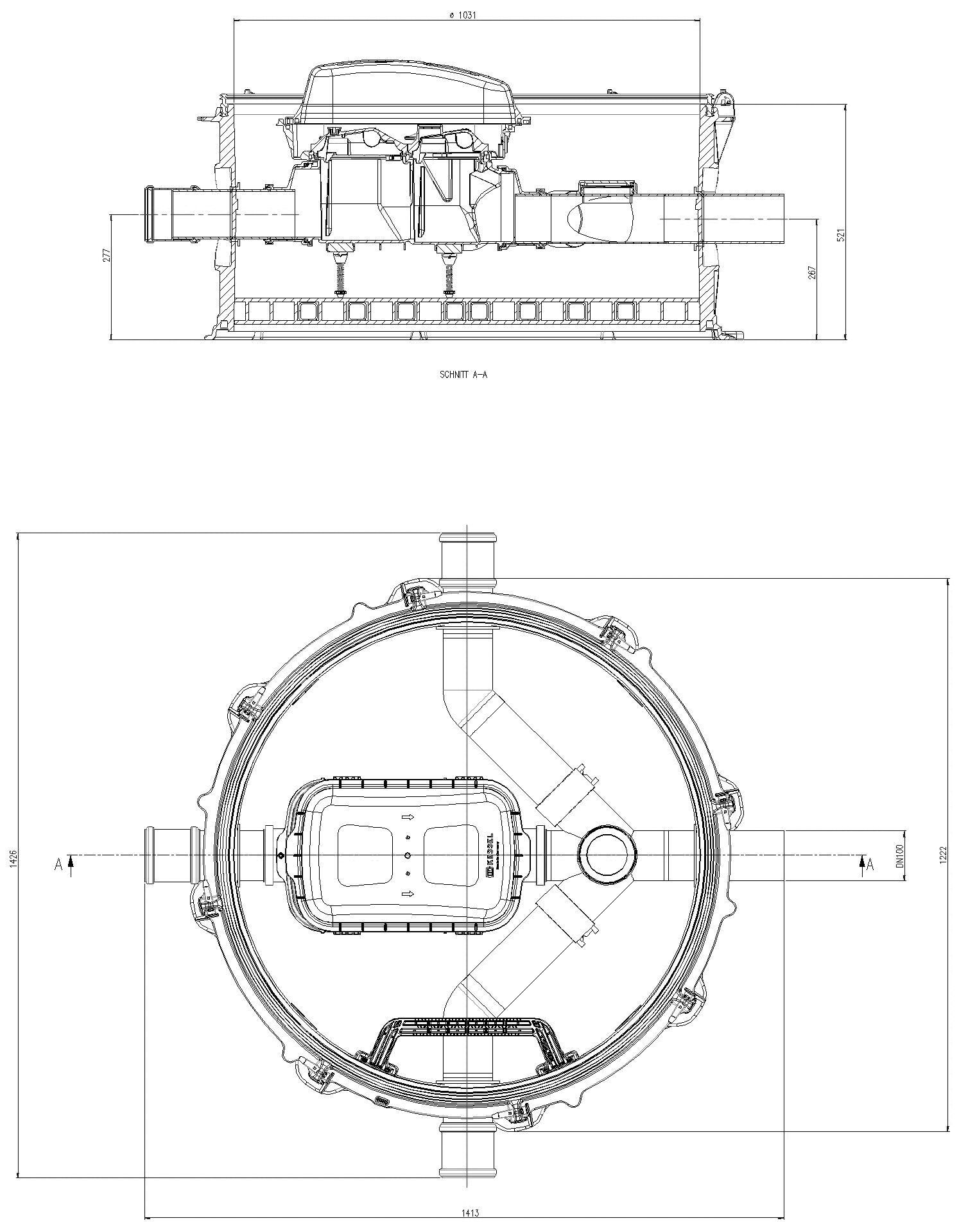 KESSEL-Rückstau-Technikmodul Controlfix DN 100, zwei Zuläufe in Fließrichtung