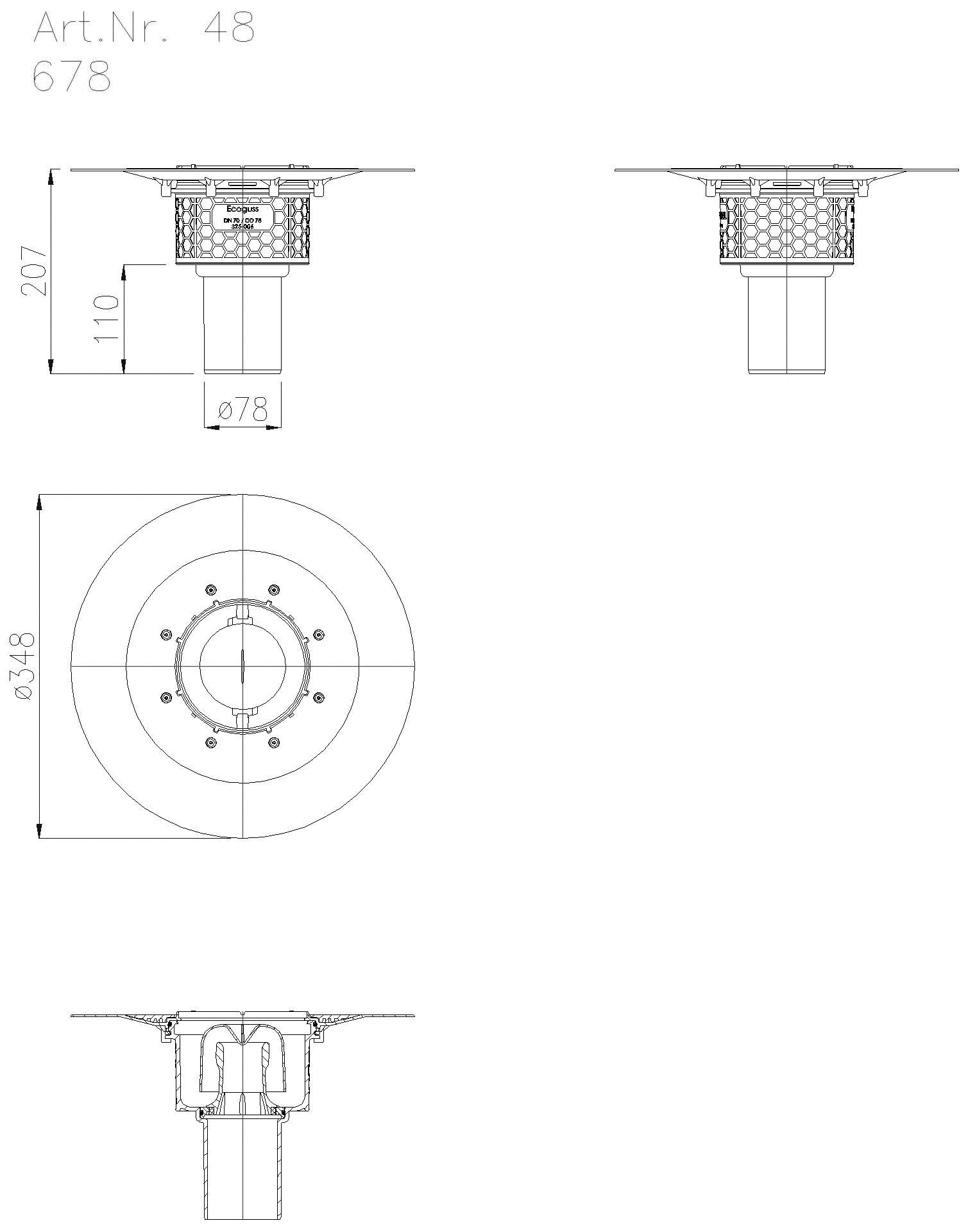 KESSEL-Grundkörper Ecoguss Klebeflansch, DN 70, Auslauf senkrecht