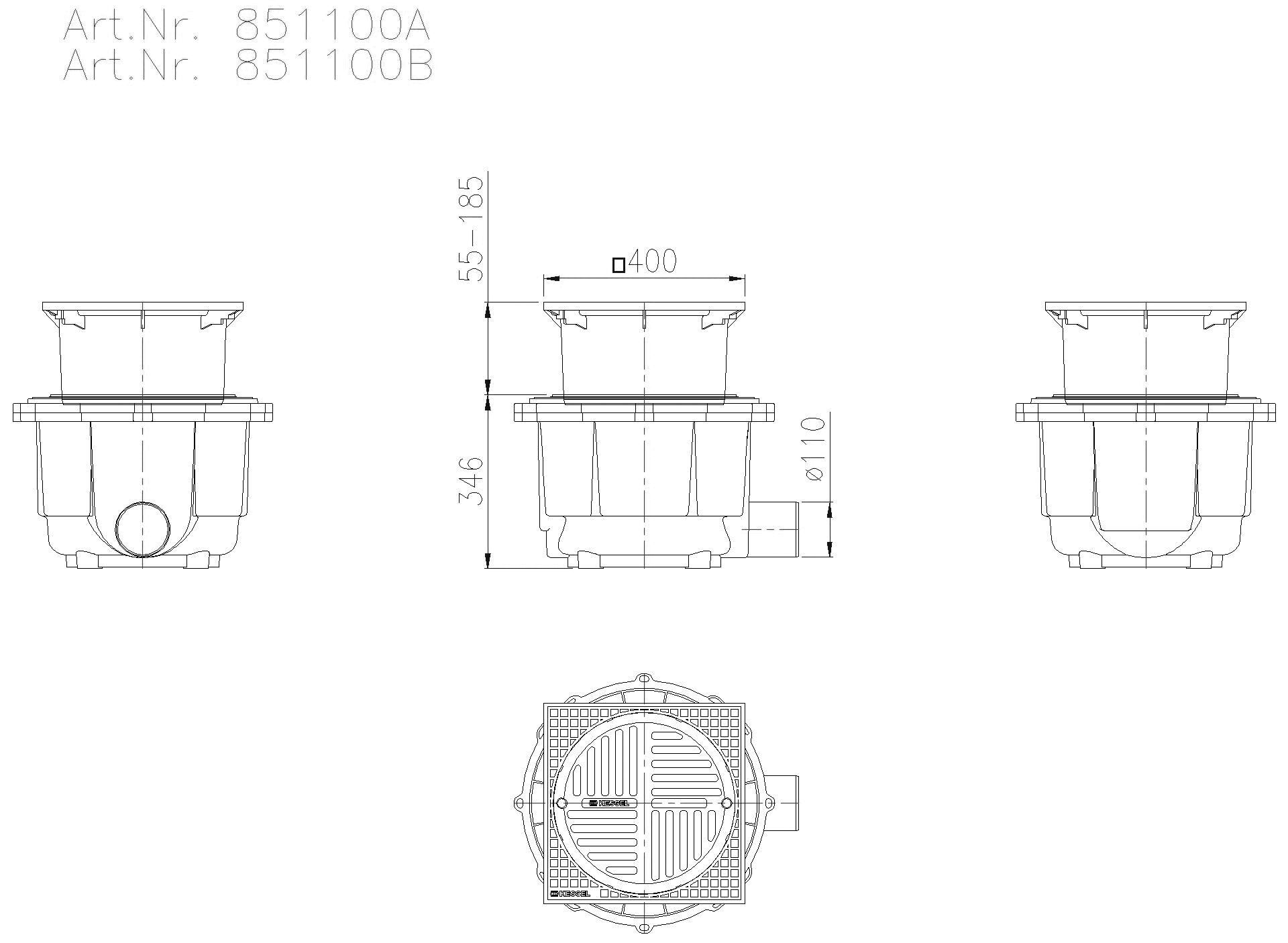 KESSEL-Hofablauf System 400 DN100,seitl., Klasse B, T: 380-510