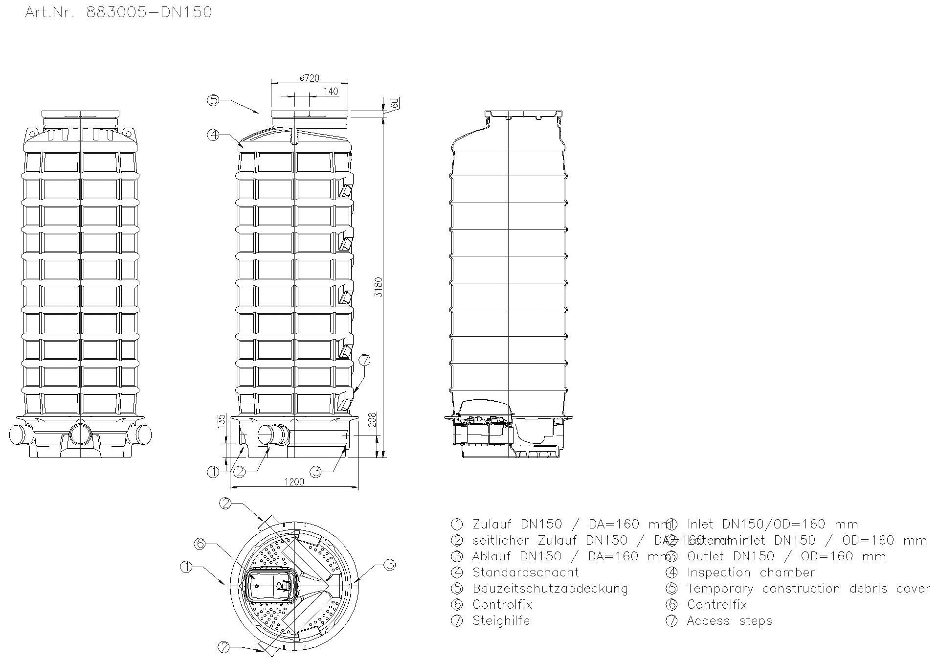 KESSEL-Rückstauschacht LW1000 DN150/150, ET: 3180