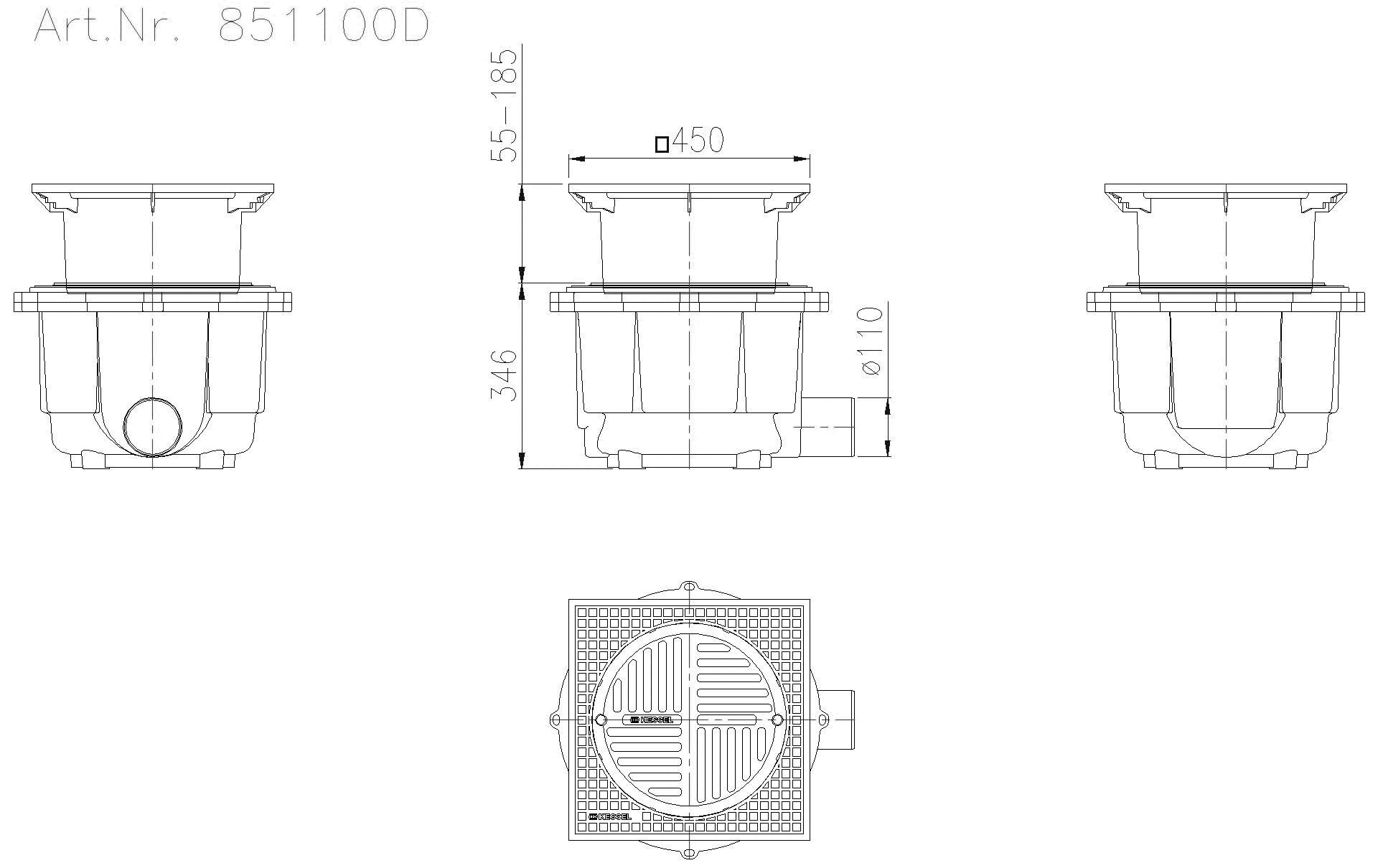KESSEL-Hofablauf System 400 DN100,seitl., Klasse D, T: 380-510