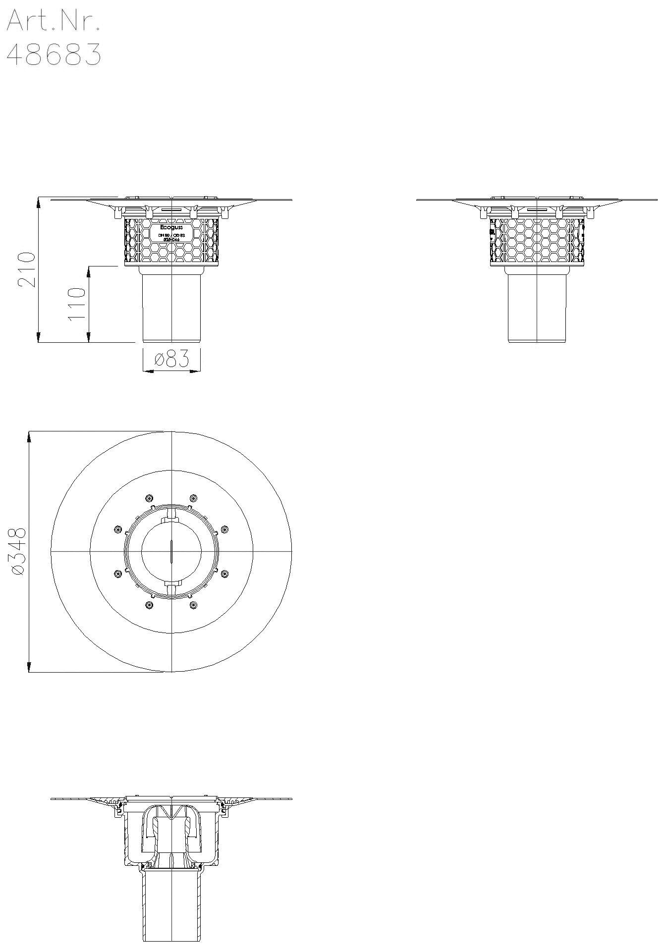 KESSEL-Grundkörper Ecoguss Klebeflansch, DN 80, Auslauf senkrecht