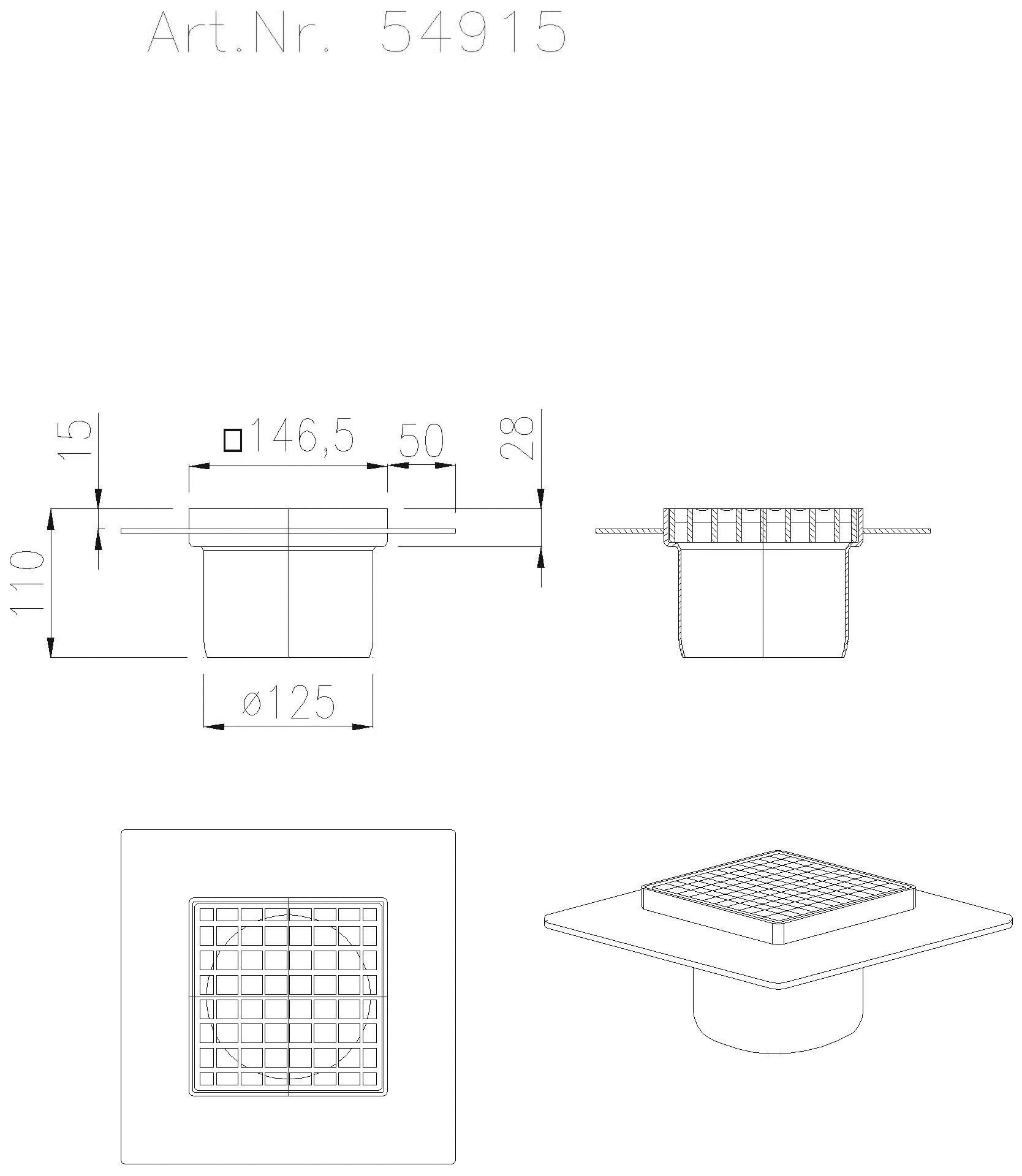 KESSEL-Aufsatzstück Ferrofix Sys 125, Klebefl., Gitterr., 146x146 mm
