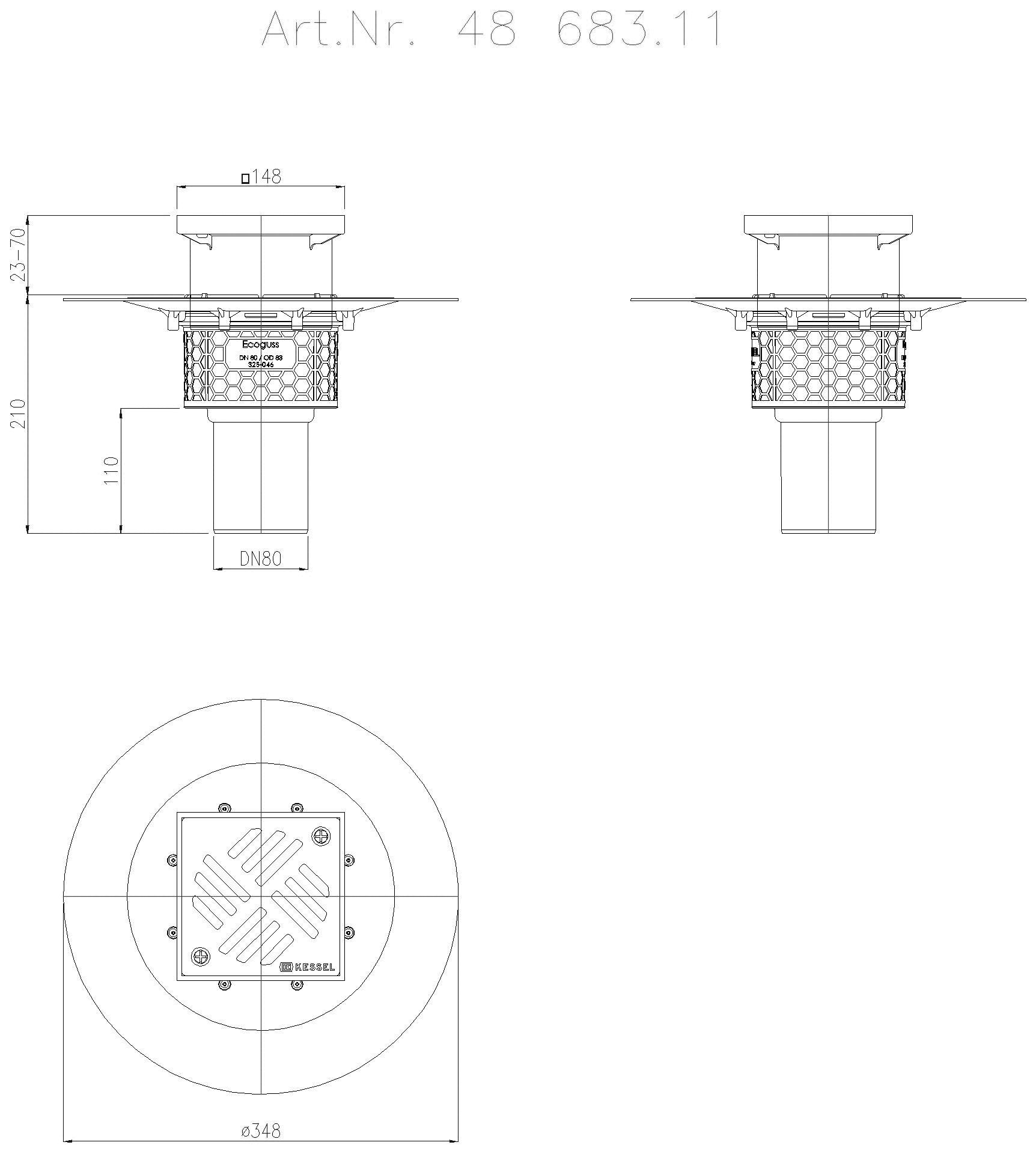 KESSEL-Objektablauf Ecoguss Klebeflansch DN 80, senkrecht, Schlitzrost