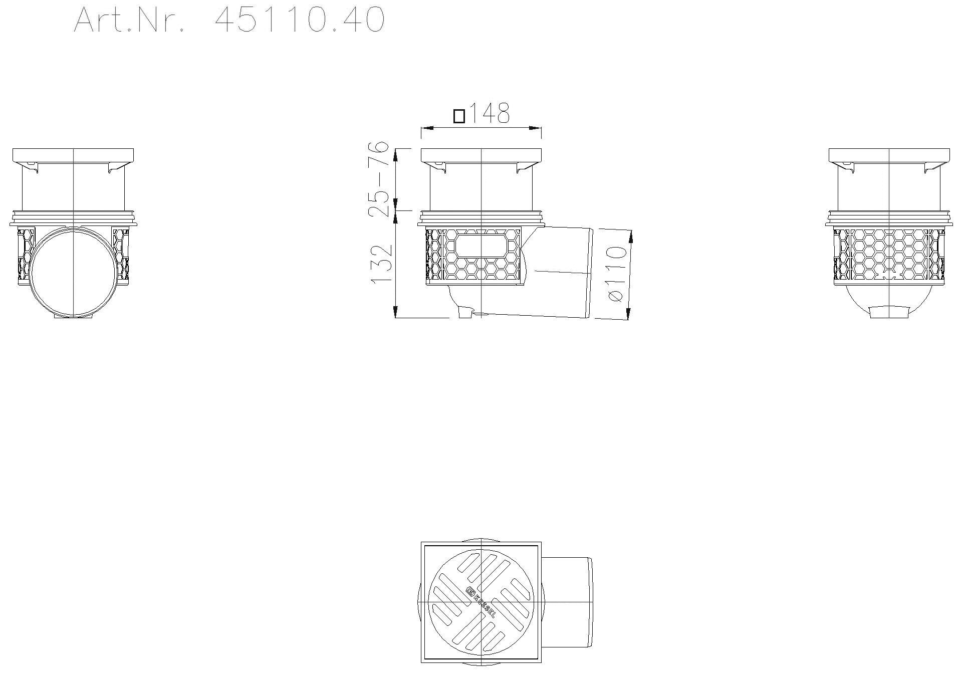 KESSEL Entwässerungstechnik - KESSEL-Ablauf Practicus DN100 seitl., Rost schwarz 138x138