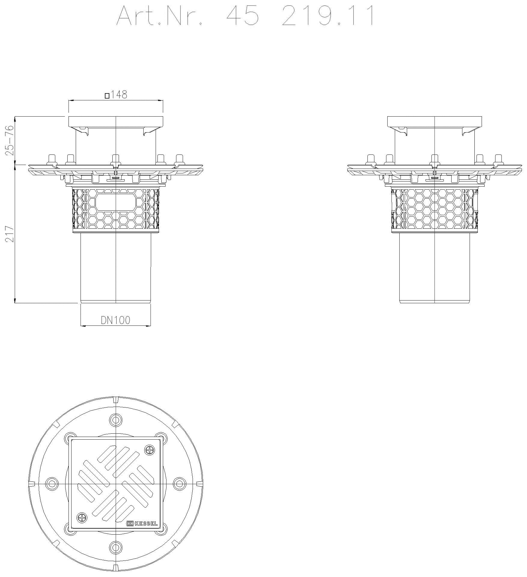KESSEL-Objektablauf Practicus Pressfl. DN100 senkr., Schlitzrost Edst.