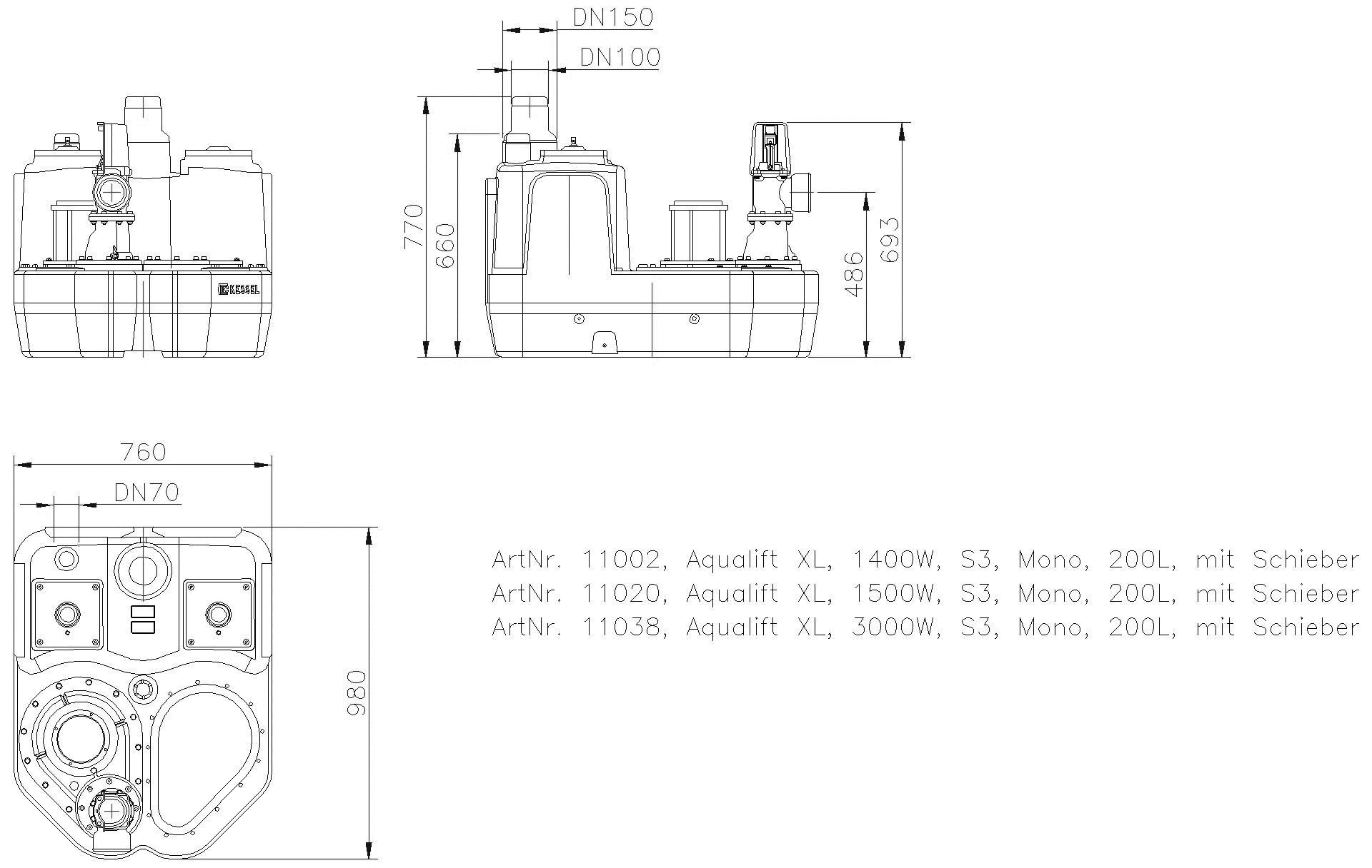 KESSEL-Hebeanlage Aqualift F XL 1400W-S3 Mono 200L m.S.