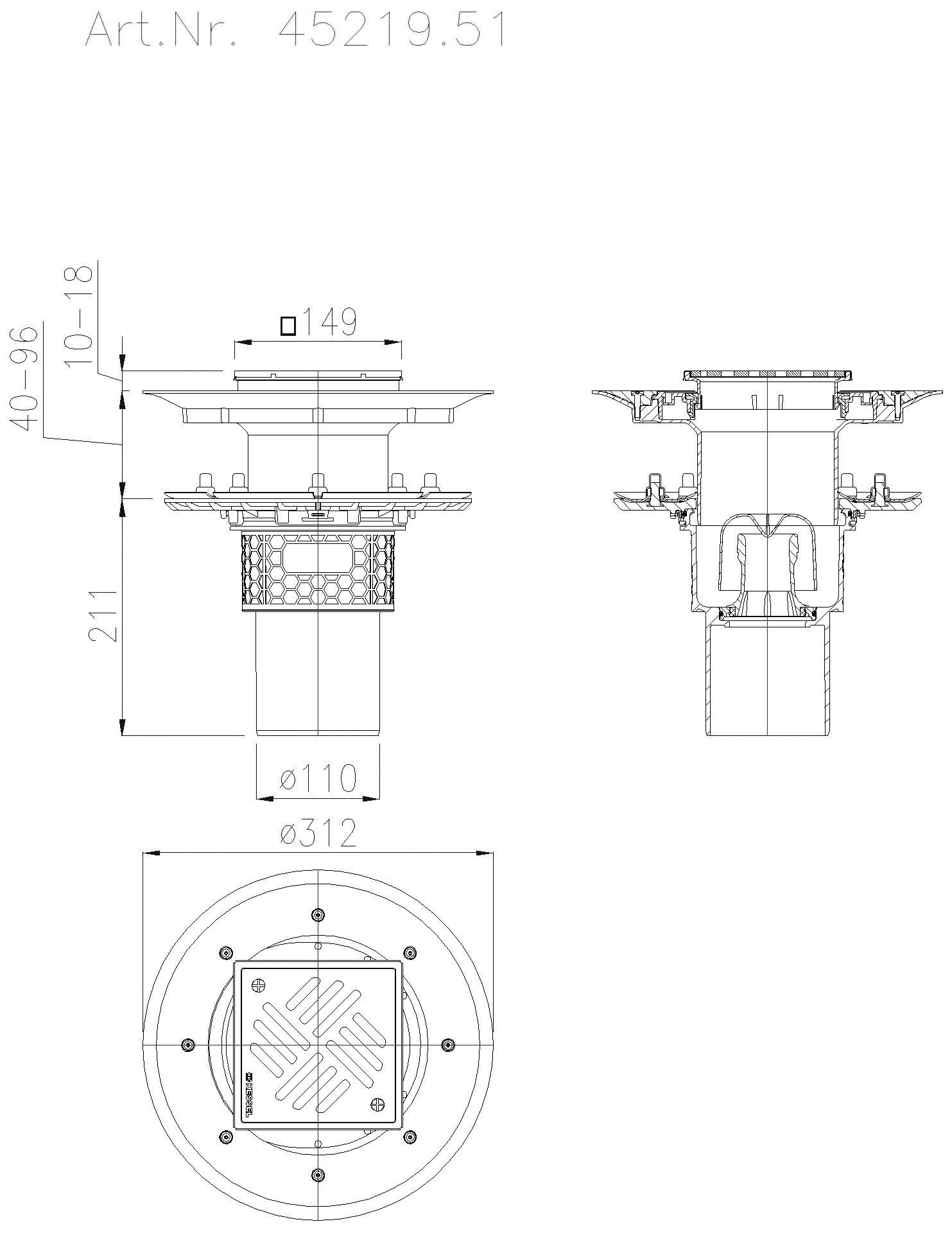 KESSEL-Bodenablauf Practicus Pressfl. DN 100, senkr., Variofix, Schlitzrost