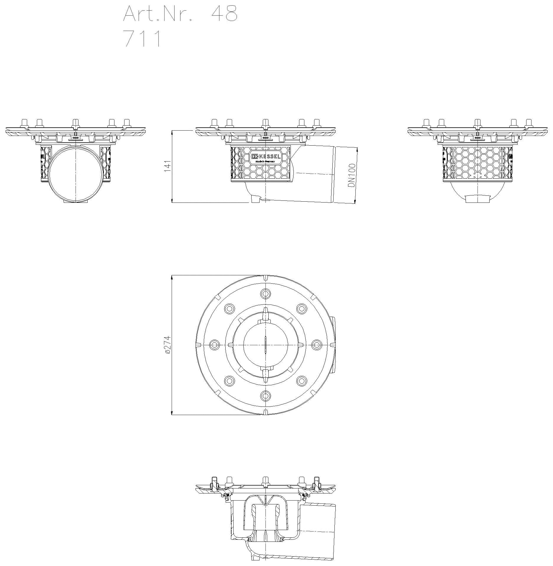 KESSEL-Grundkörper Ecoguss Pressfl., DN 100, Auslauf seitlich