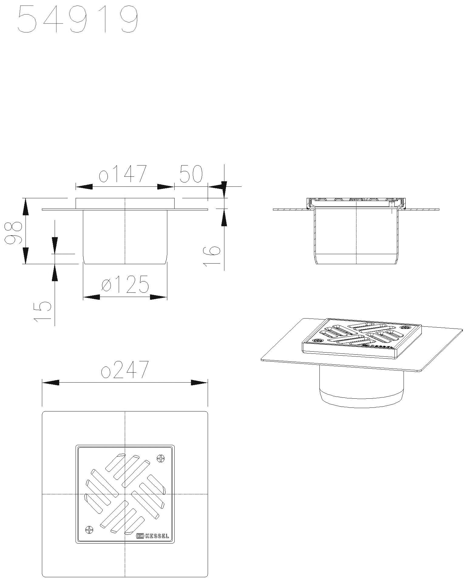 KESSEL-Aufsatzstück Ferrofix System 125 146x146,Schlitzrost,Klebeflansch