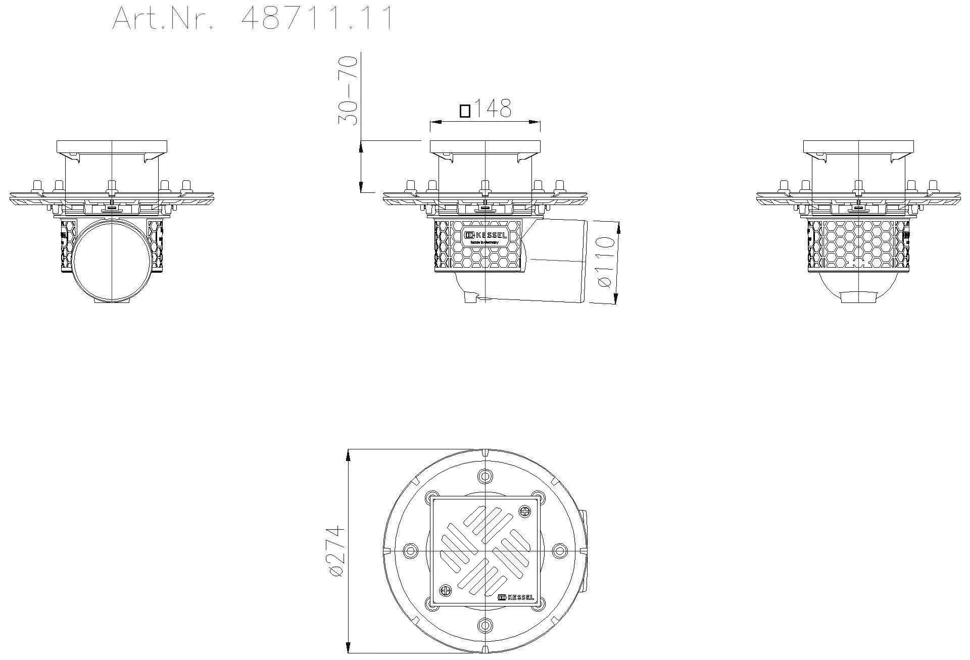 KESSEL-Objektablauf Ecoguss Pressfl. DN 100, seitlich, Schlitzrost