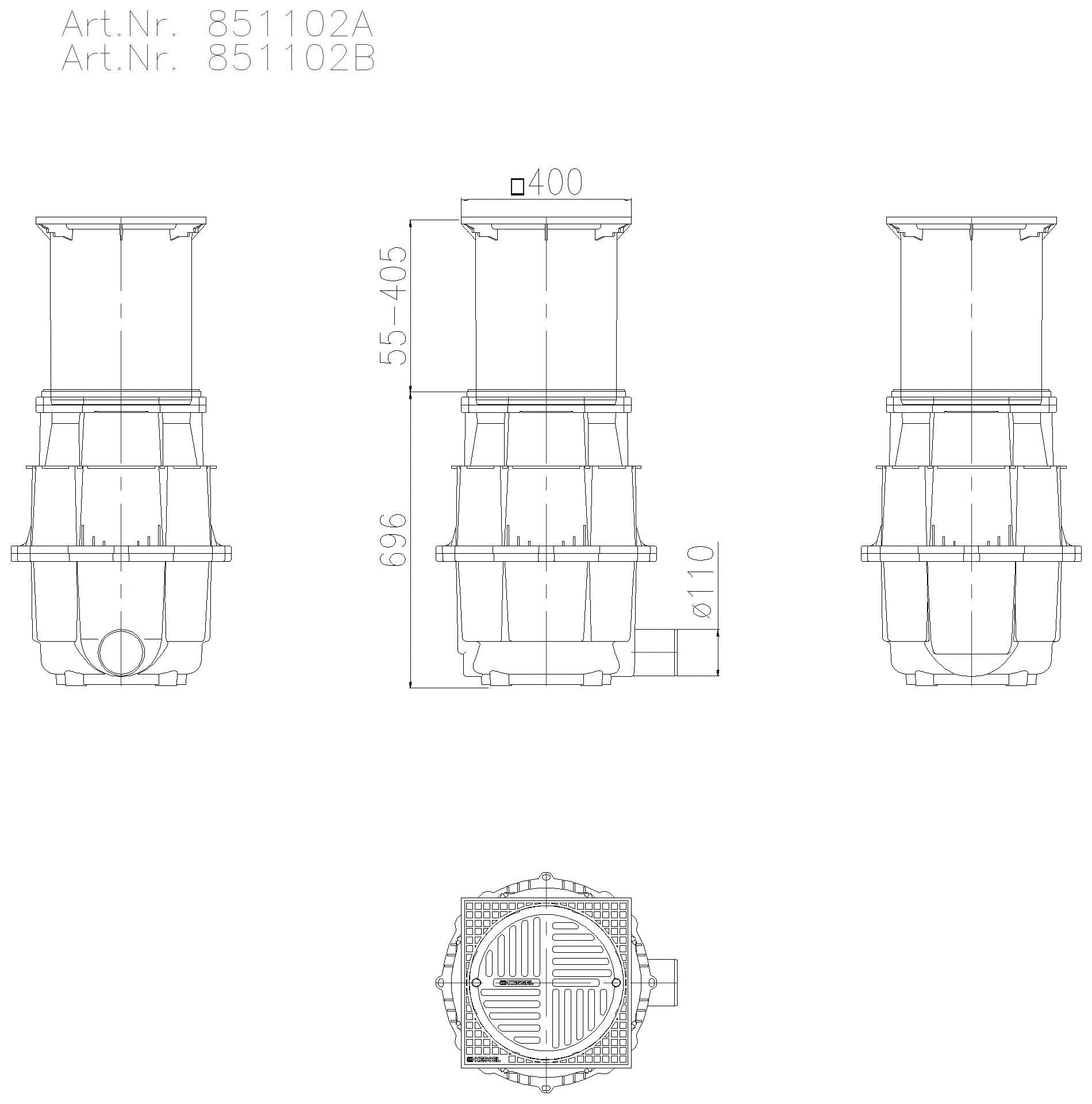 KESSEL-Hofablauf System 400 DN100,seitl., Klasse B, T: 730-1080