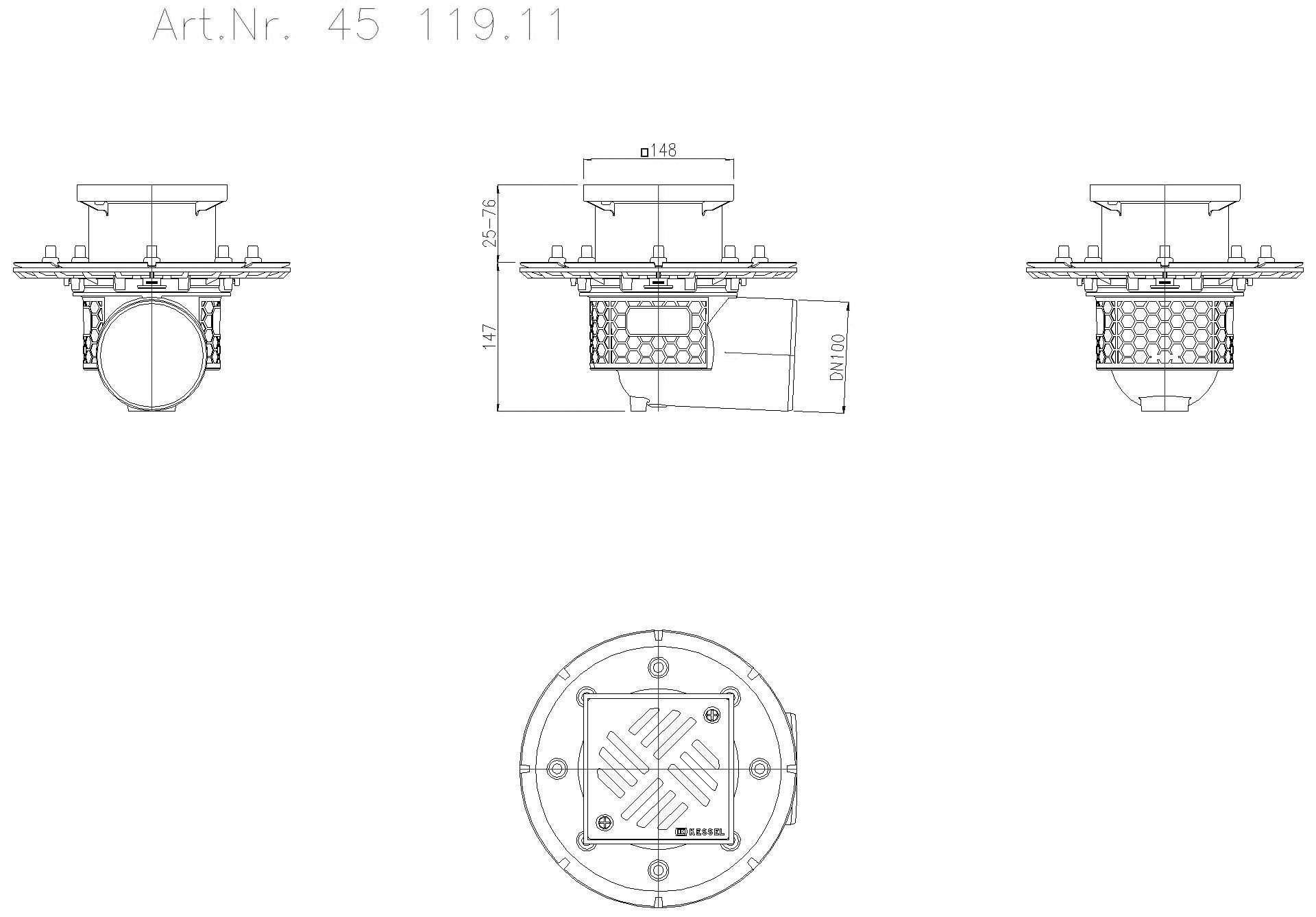 KESSEL-Objektablauf Practicus Pressfl. DN100 seitl., Schlitzrost Edst.