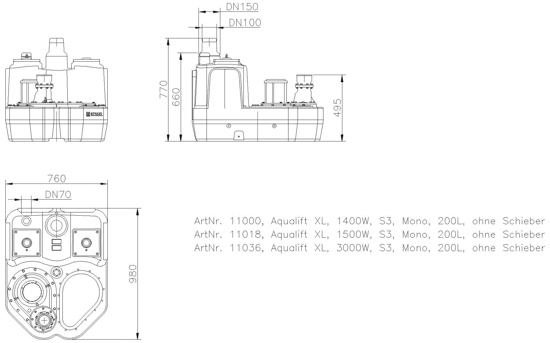 KESSEL-Hebeanlage Aqualift F XL 1500W-S3 Mono 200L o.S.