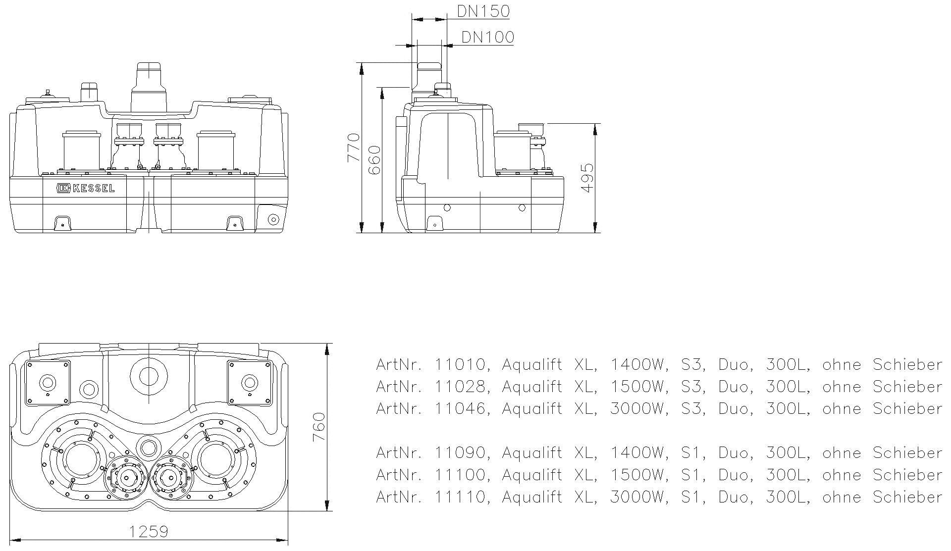 KESSEL-Doppelhebeanlage Aqualift F XL 3000W-S1 Duo 300L o.S.