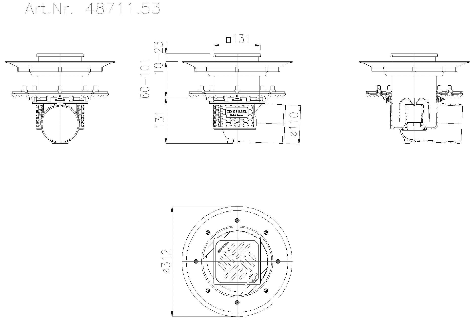 KESSEL-Objektablauf Ecoguss Pressfl. DN 100, seitl., Dünnbett., Designrost