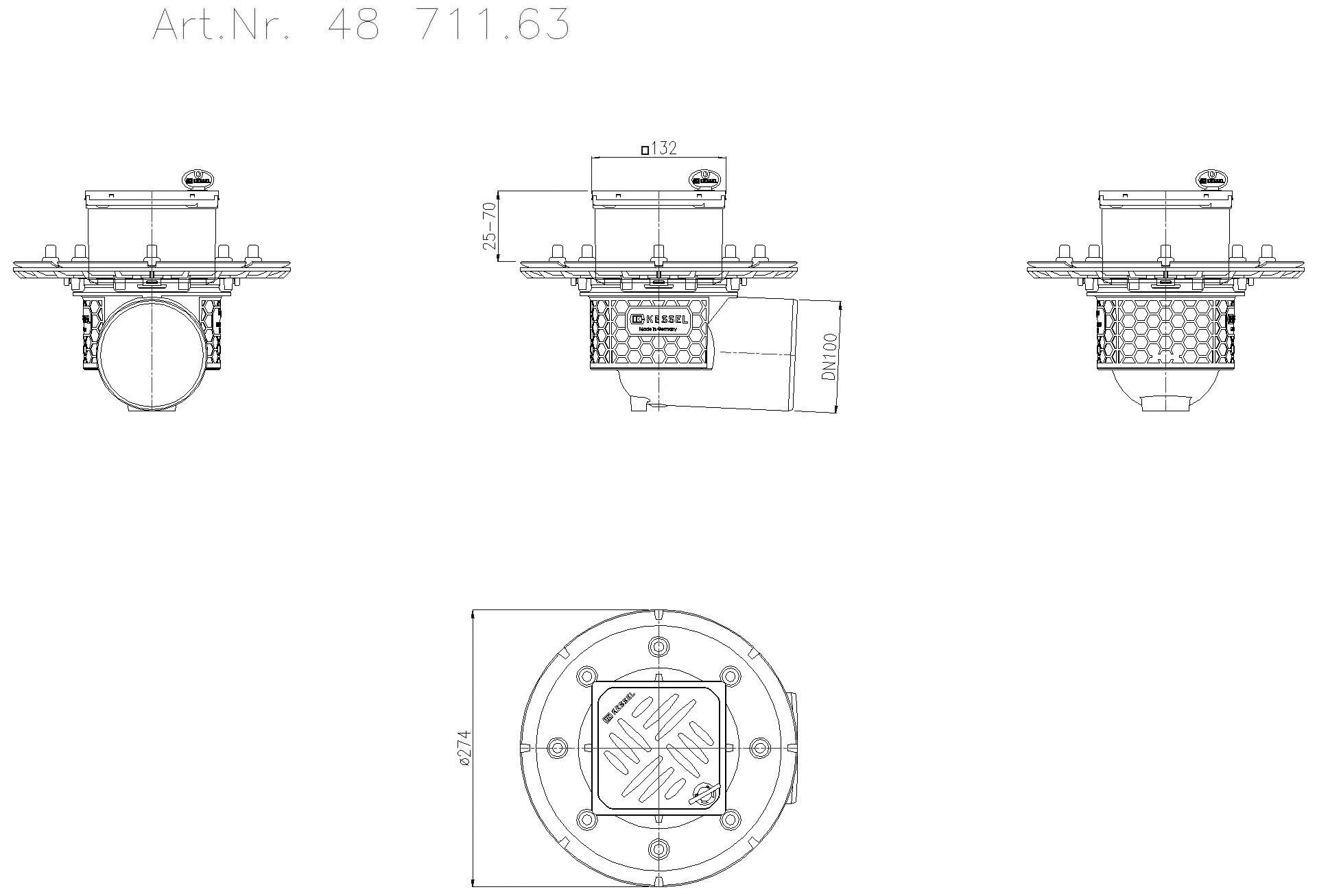 KESSEL-Objektablauf Ecoguss Pressfl. DN 100, seitlich, Designrost
