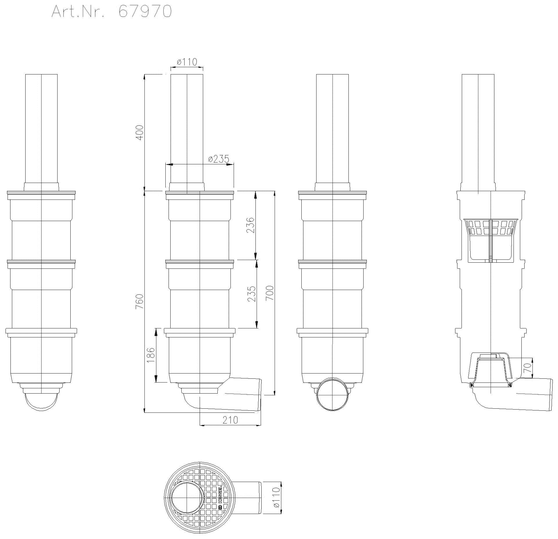 KESSEL-Regenablauf Kunststoff DN100, seitl., frostfreie Tiefe 545 mm