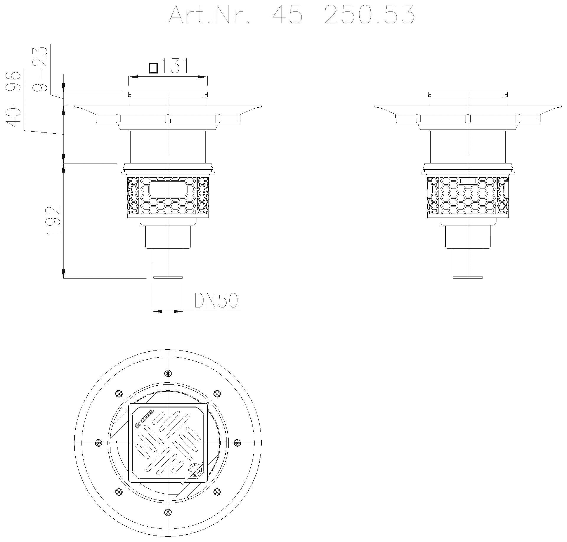 KESSEL-Objektablauf Practicus DN50 senkr.,Dünnbett.,Designrost Kessel