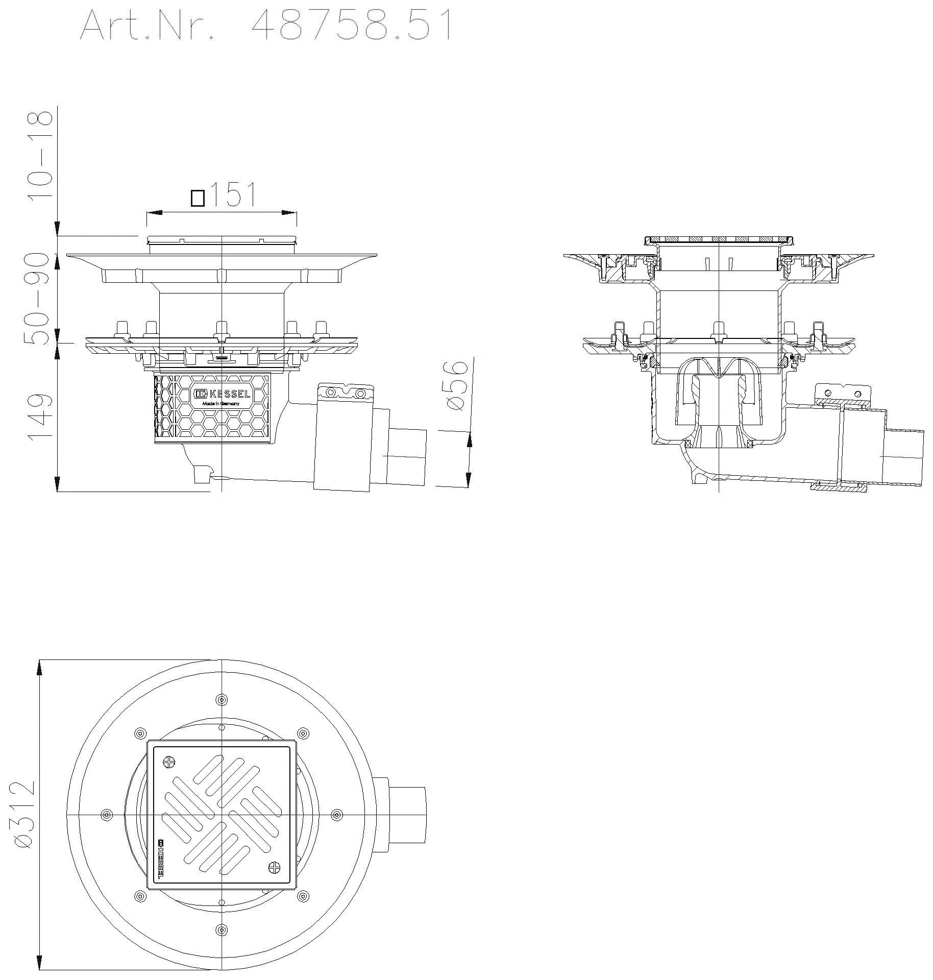 KESSEL-Bodenablauf Ecoguss Pressfl. DN 50, seitl., Variofix, Schlitzrost