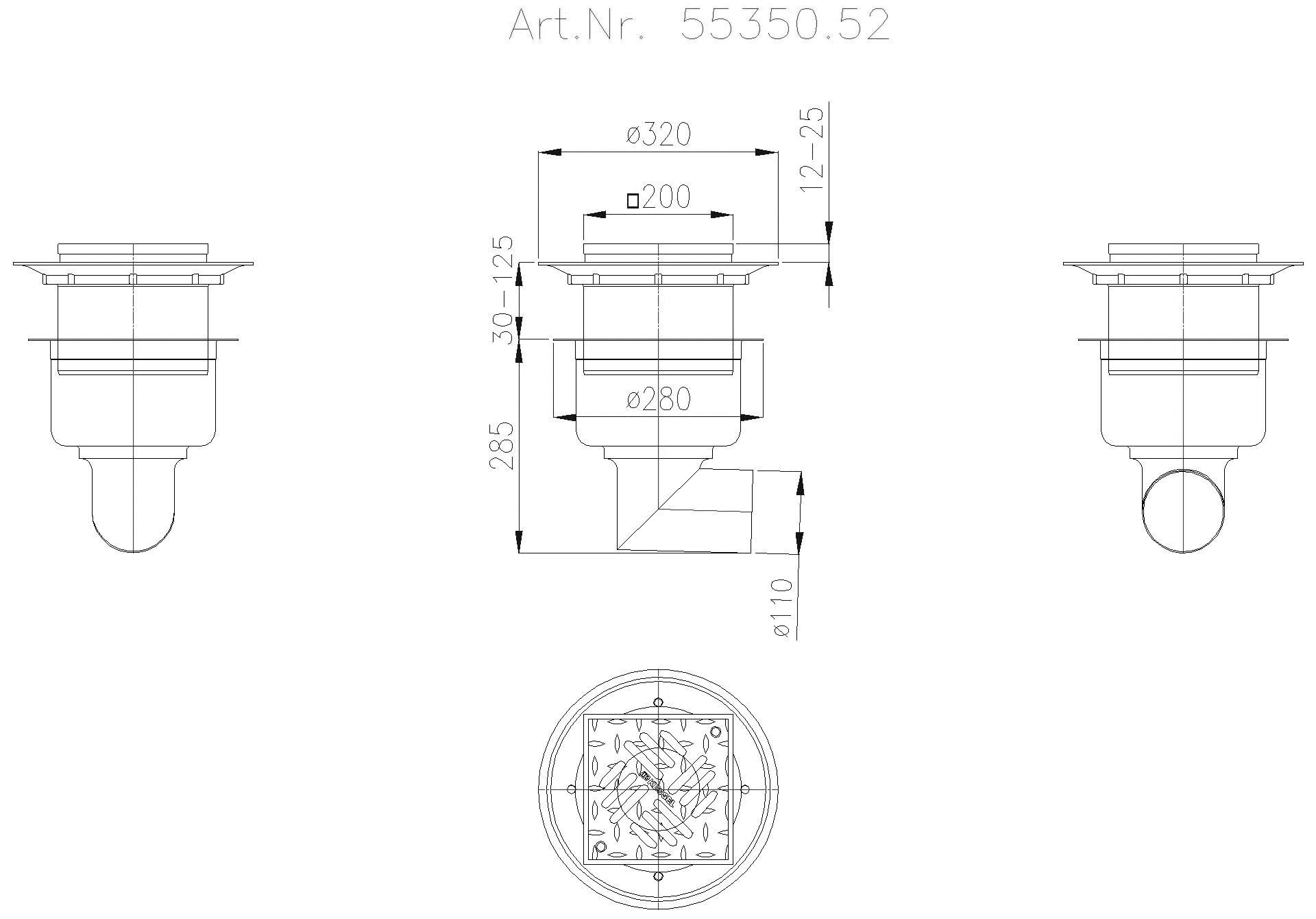 KESSEL-Ablauf Ferrofix DN100,seitl.,Schlitzrost,200x200