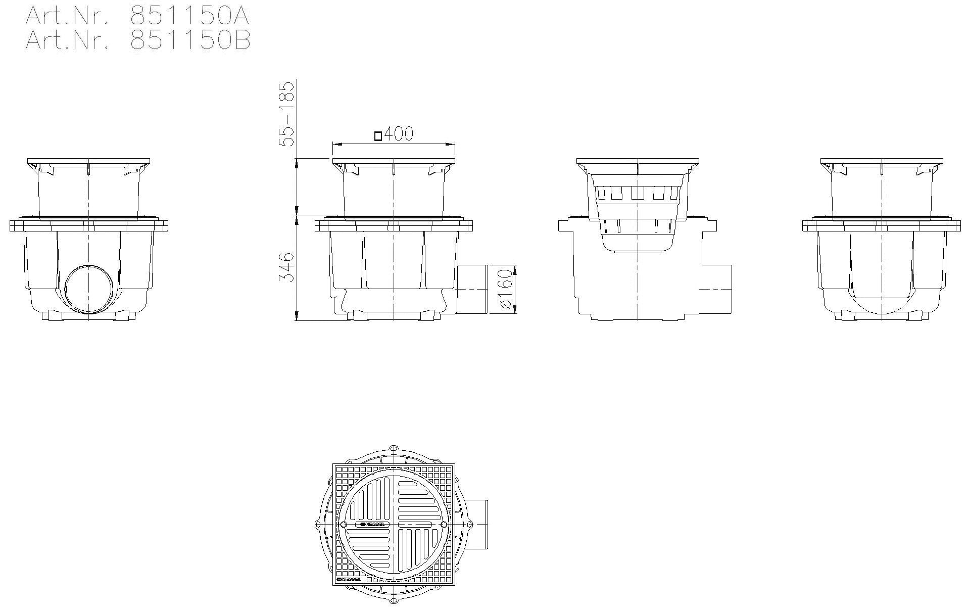 KESSEL-Hofablauf System 400 DN150,seitl., Klasse B, T: 380-510