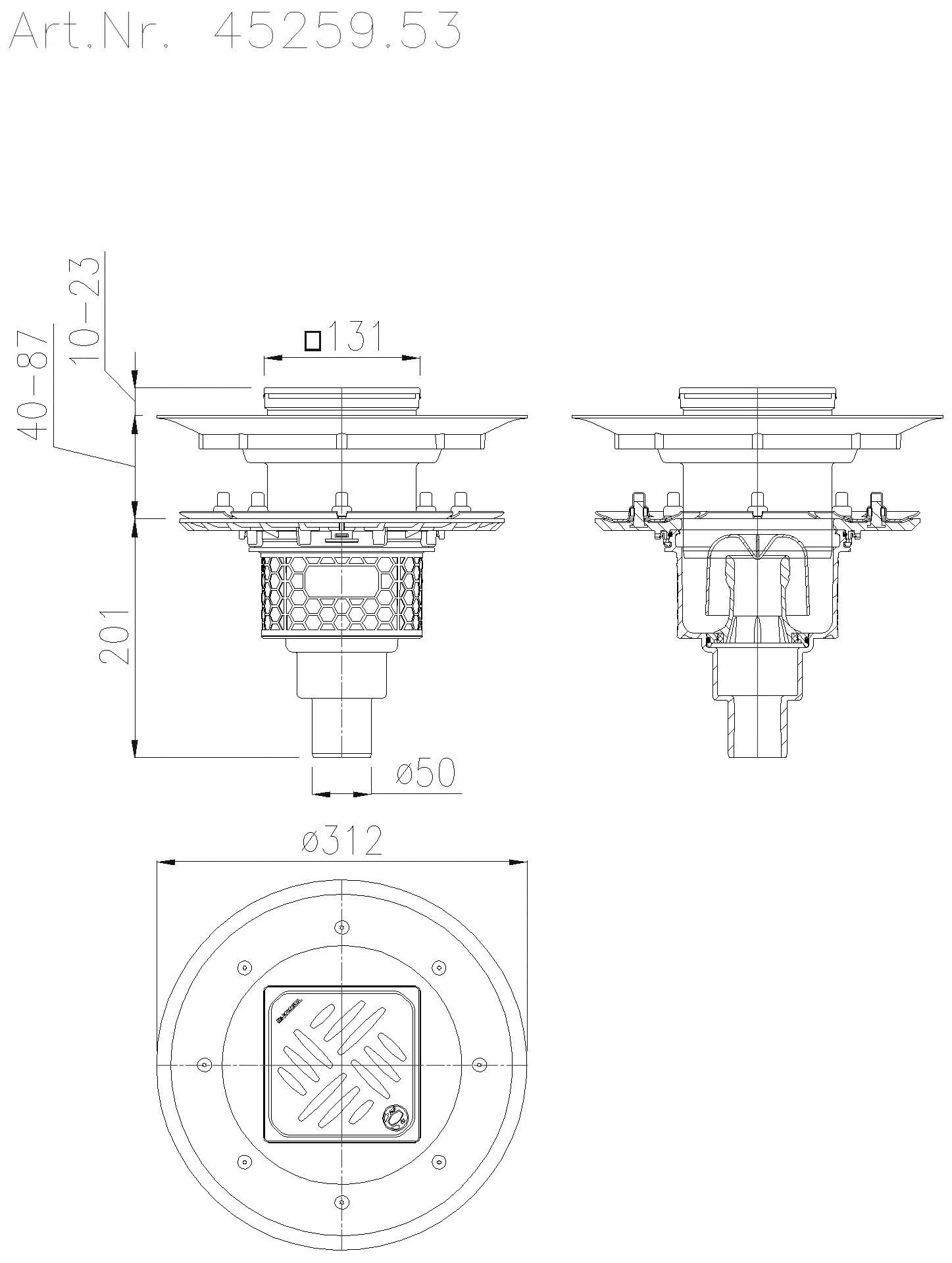 KESSEL-Objektablauf Practicus Pressfl. DN50 senkr.,Dünnbett.,Designrost Kessel