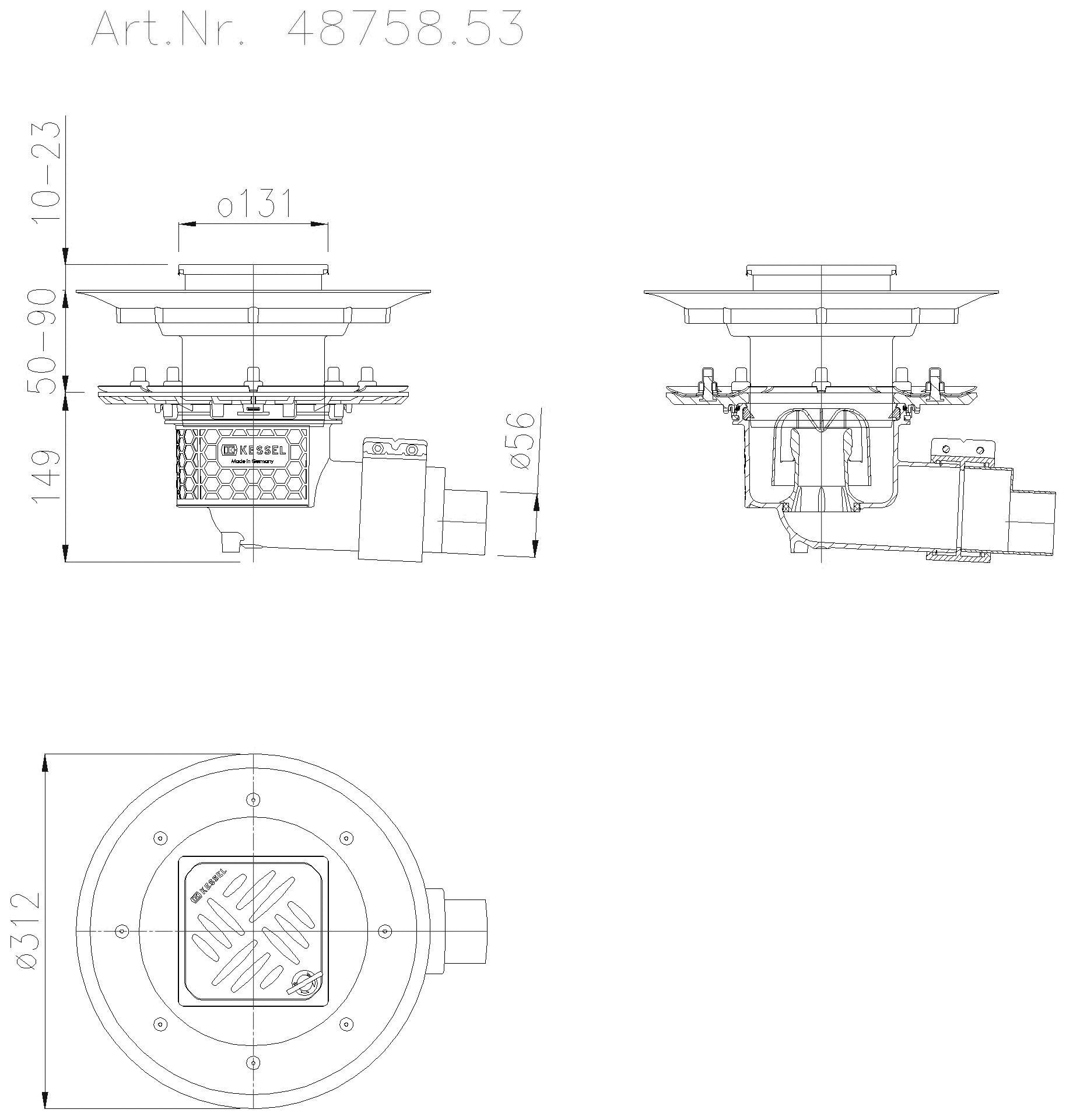 KESSEL-Objektablauf Ecoguss Pressfl. DN 50, seitl., Dünnbett., Designrost
