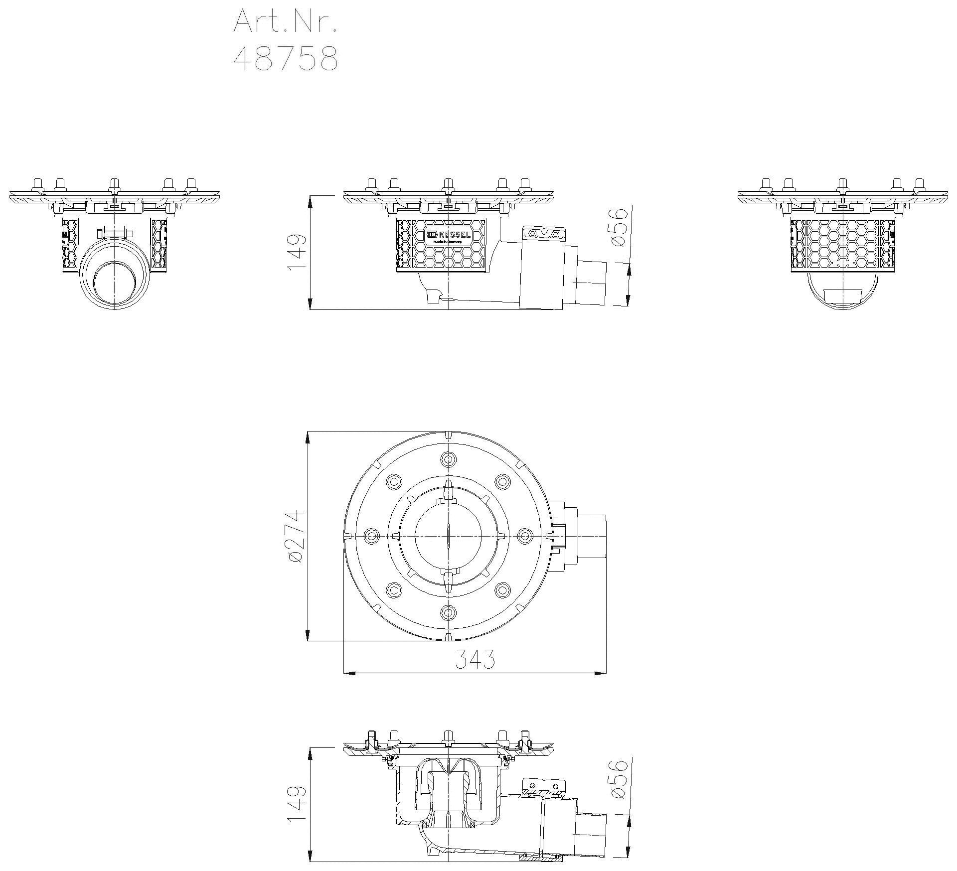 KESSEL-Grundkörper Ecoguss Pressfl., DN 50, Auslauf seitlich