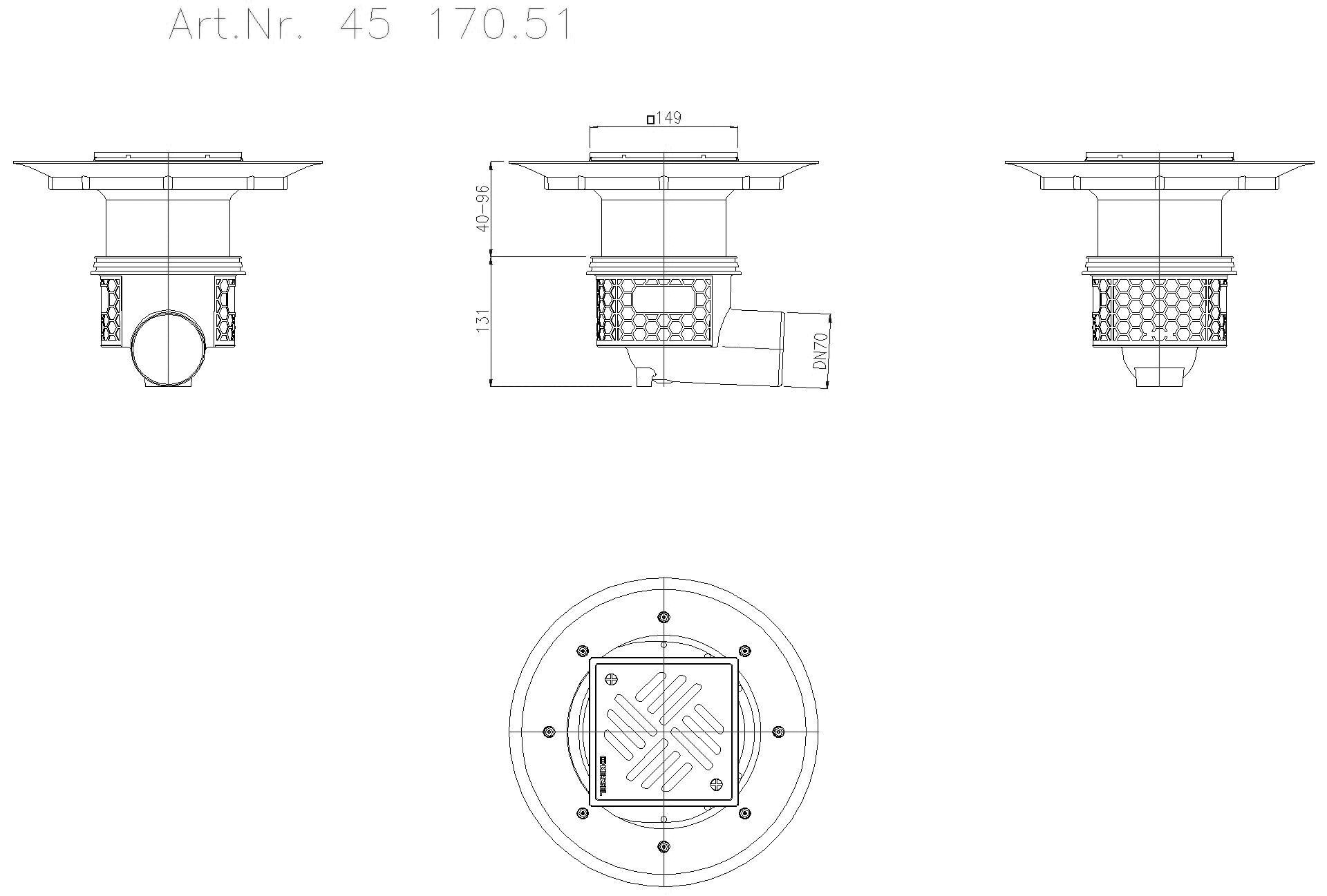 KESSEL-Boden-/Deckenablauf Practicus DN 70, seitl., Variofix, Schlitzrost