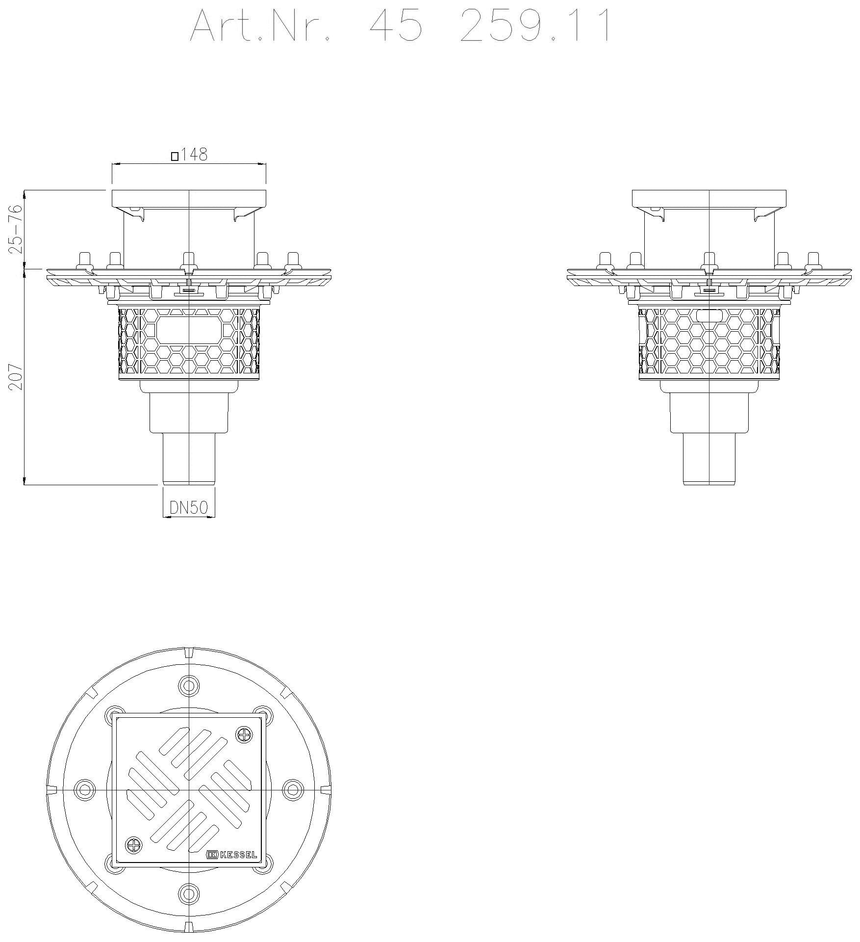 KESSEL-Objektablauf Practicus Pressfl. DN50 senkr., Schlitzrost Edst.