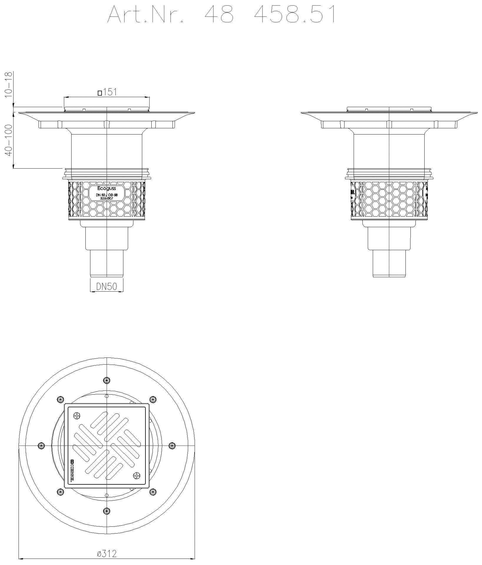 KESSEL-Boden-/Deckenablauf Ecoguss DN 50, senkr., Variofix, Schlitzrost