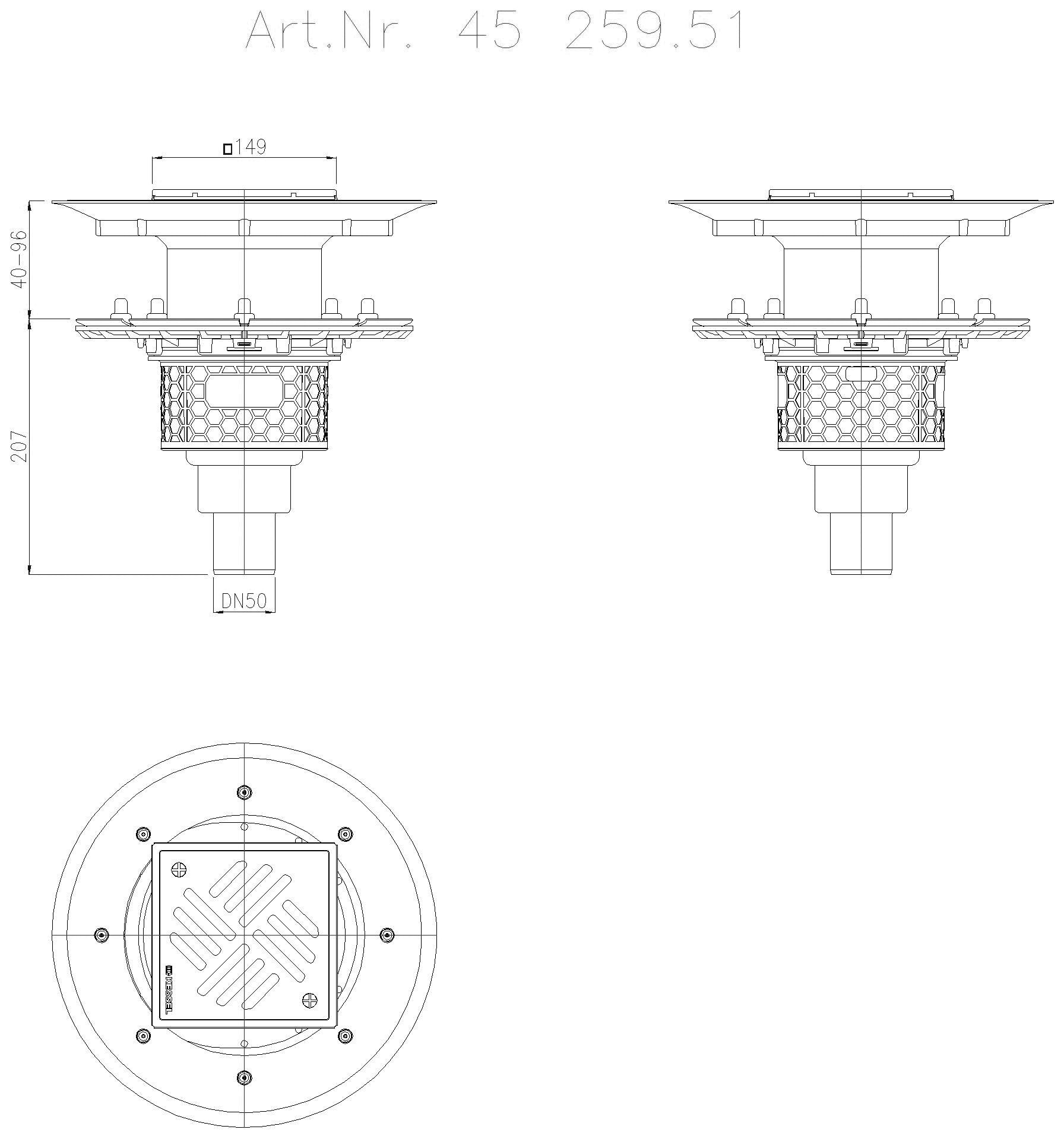 KESSEL-Bodenablauf Practicus Pressfl. DN 50, senkr., Variofix, Schlitzrost