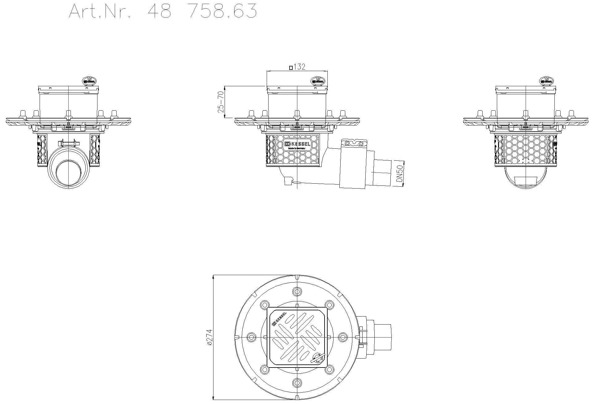 KESSEL-Objektablauf Ecoguss Pressfl. DN 50, seitlich, Designrost