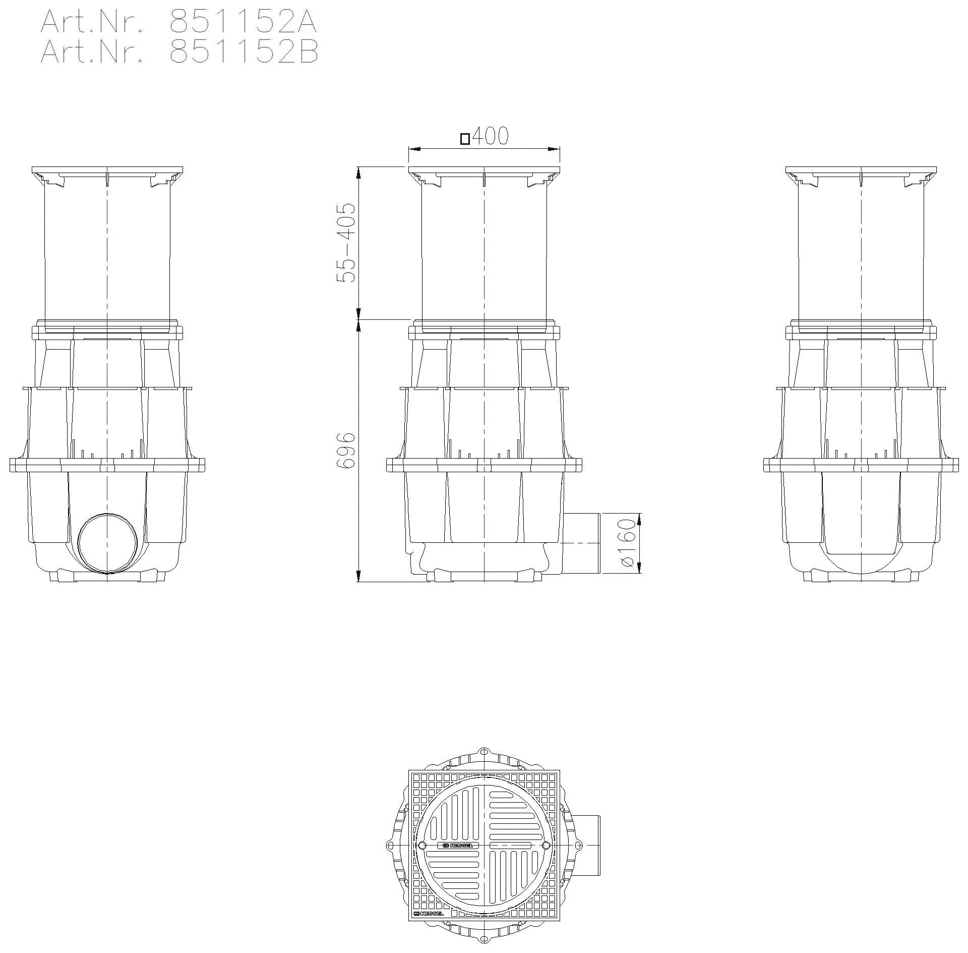 KESSEL-Hofablauf System 400 DN150,seitl., Klasse A, T: 730-1080
