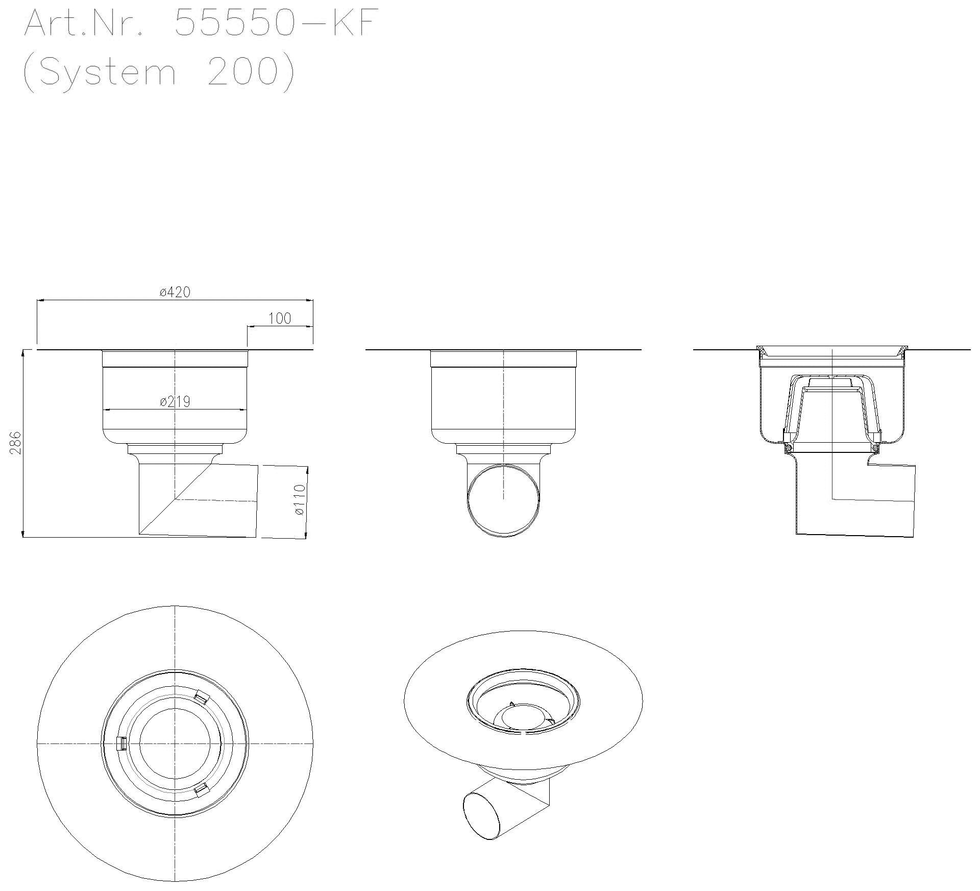 KESSEL-Ablauf Ferrofix System 200 DN100, seitl., Klebeflansch