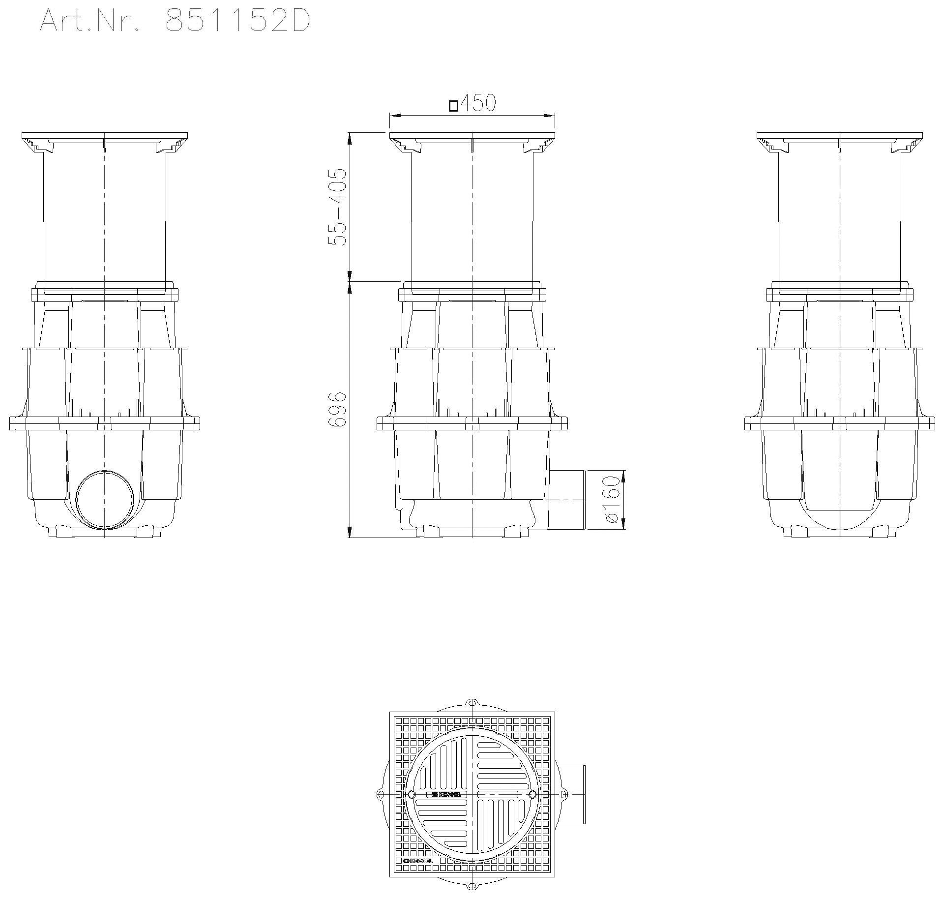 KESSEL-Hofablauf System 400 DN150,seitl., Klasse D, T: 730-1080