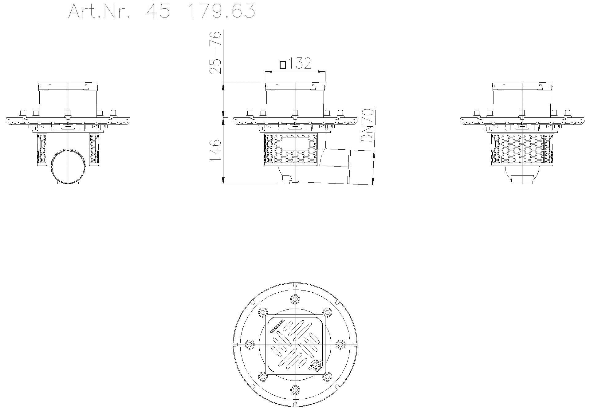 KESSEL-Objektablauf Practicus Pressfl. DN70 seitl., Designrost Kessel