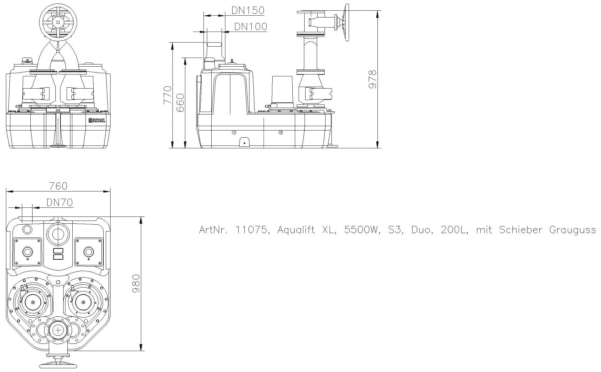 KESSEL Entwässerungstechnik - KESSEL-Hebeanlage Aqualift F XL 200 l Duo, SPF 5500-S3, Gussschieber