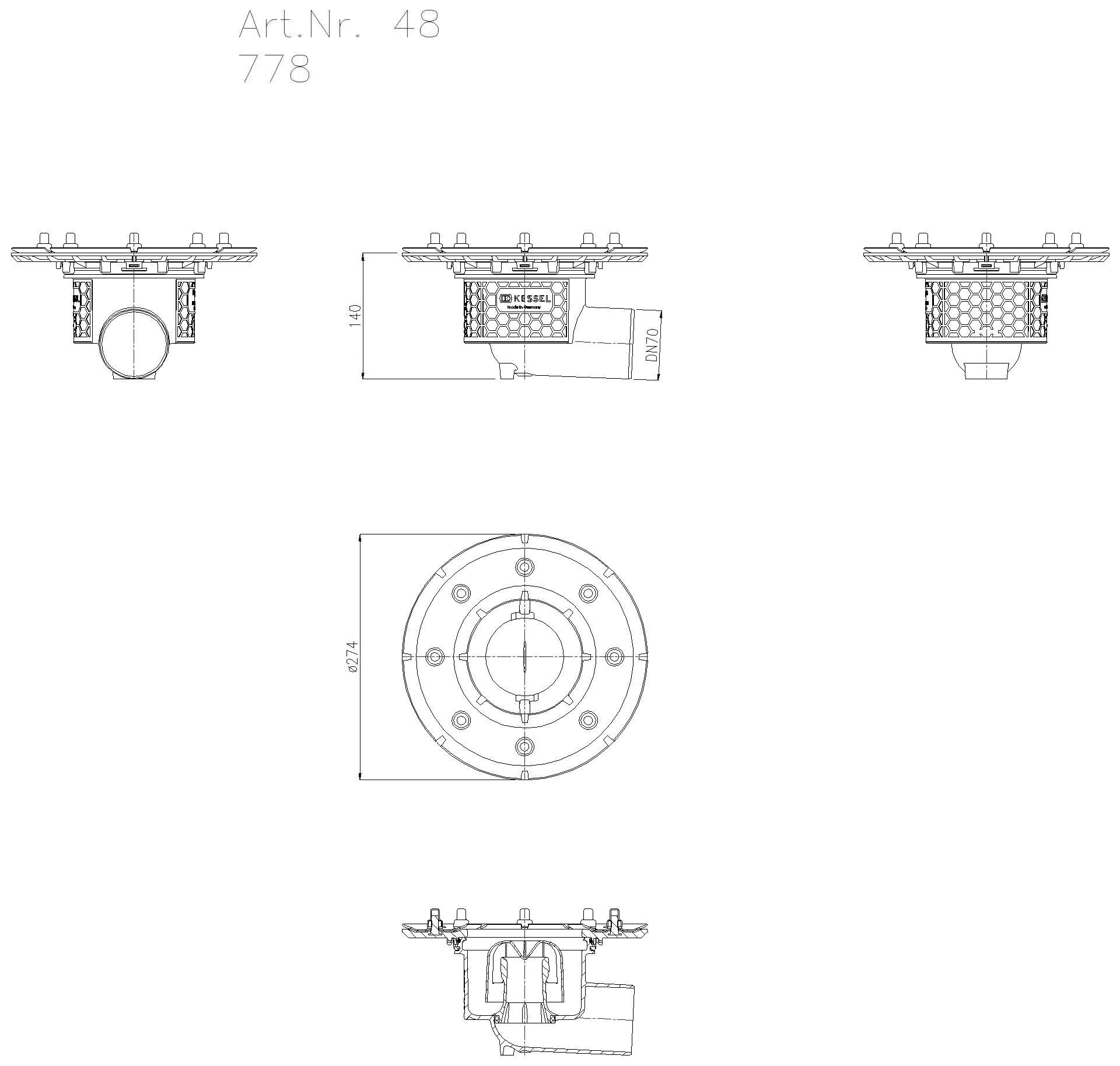 KESSEL-Grundkörper Ecoguss Pressfl., DN 70, Auslauf seitlich