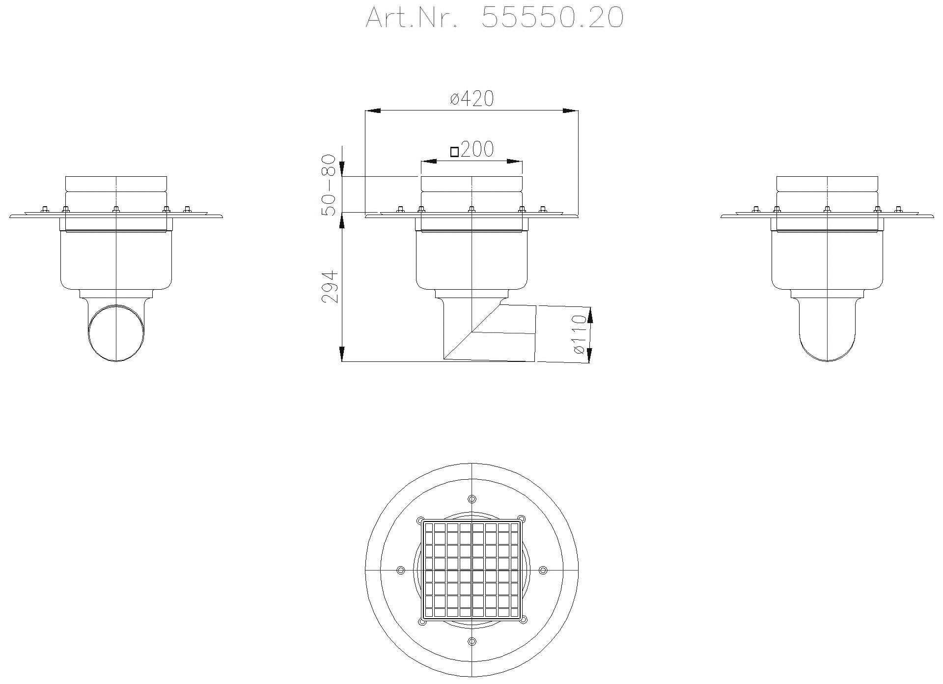 KESSEL-Ablauf Ferrofix Pressfl. DN100, seitl., Gitter, 190x190