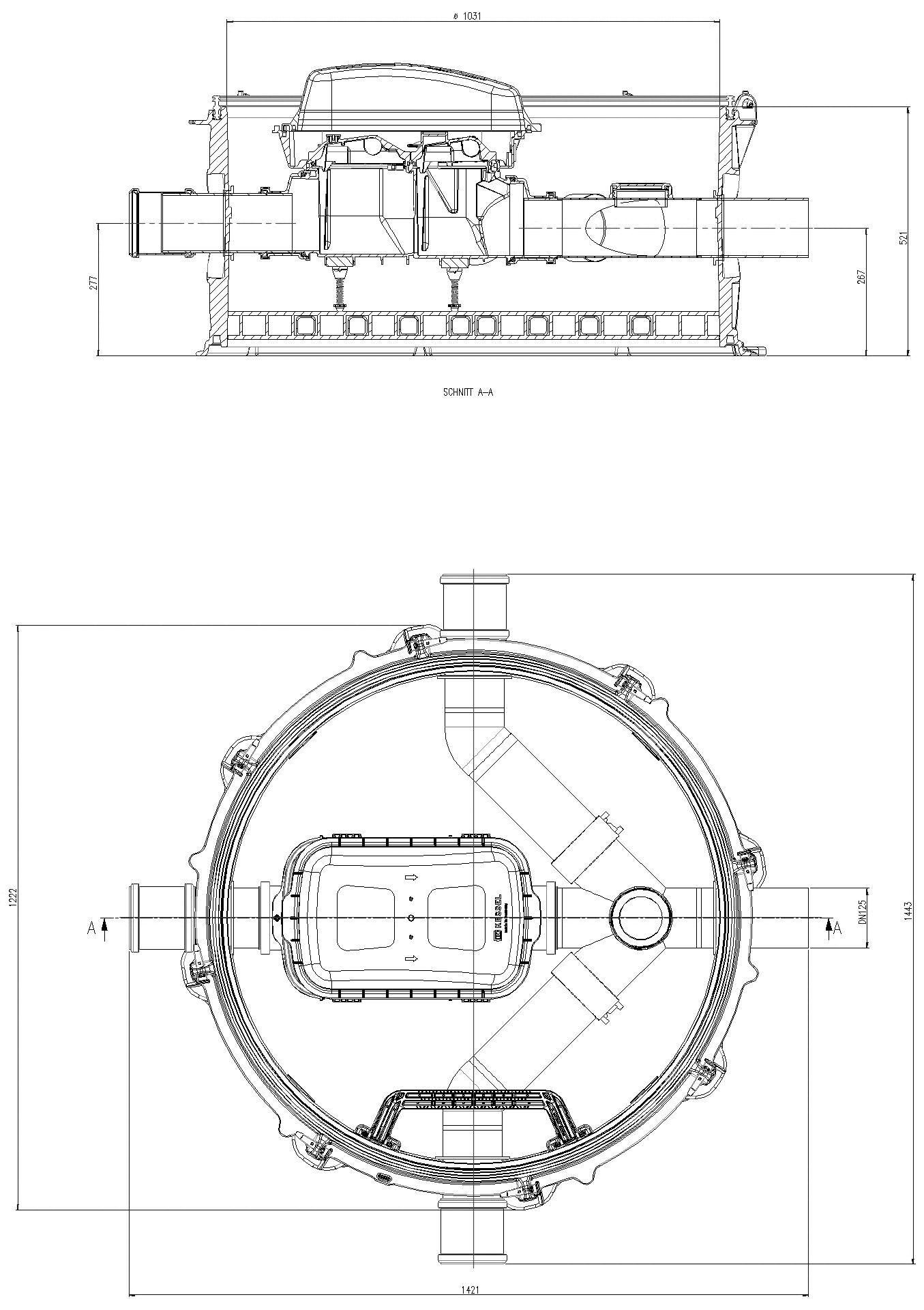 KESSEL-Rückstau-Technikmodul Controlfix DN 125, zwei Zuläufe in Fließrichtung