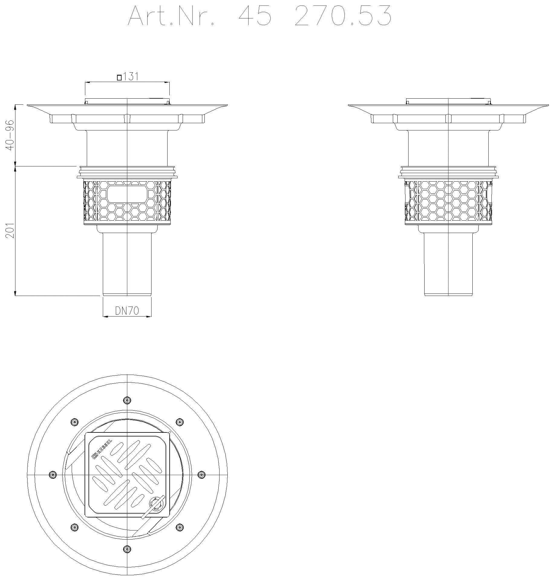 KESSEL-Objektablauf Practicus DN70 senkr.,Dünnbett.,Designrost Kessel