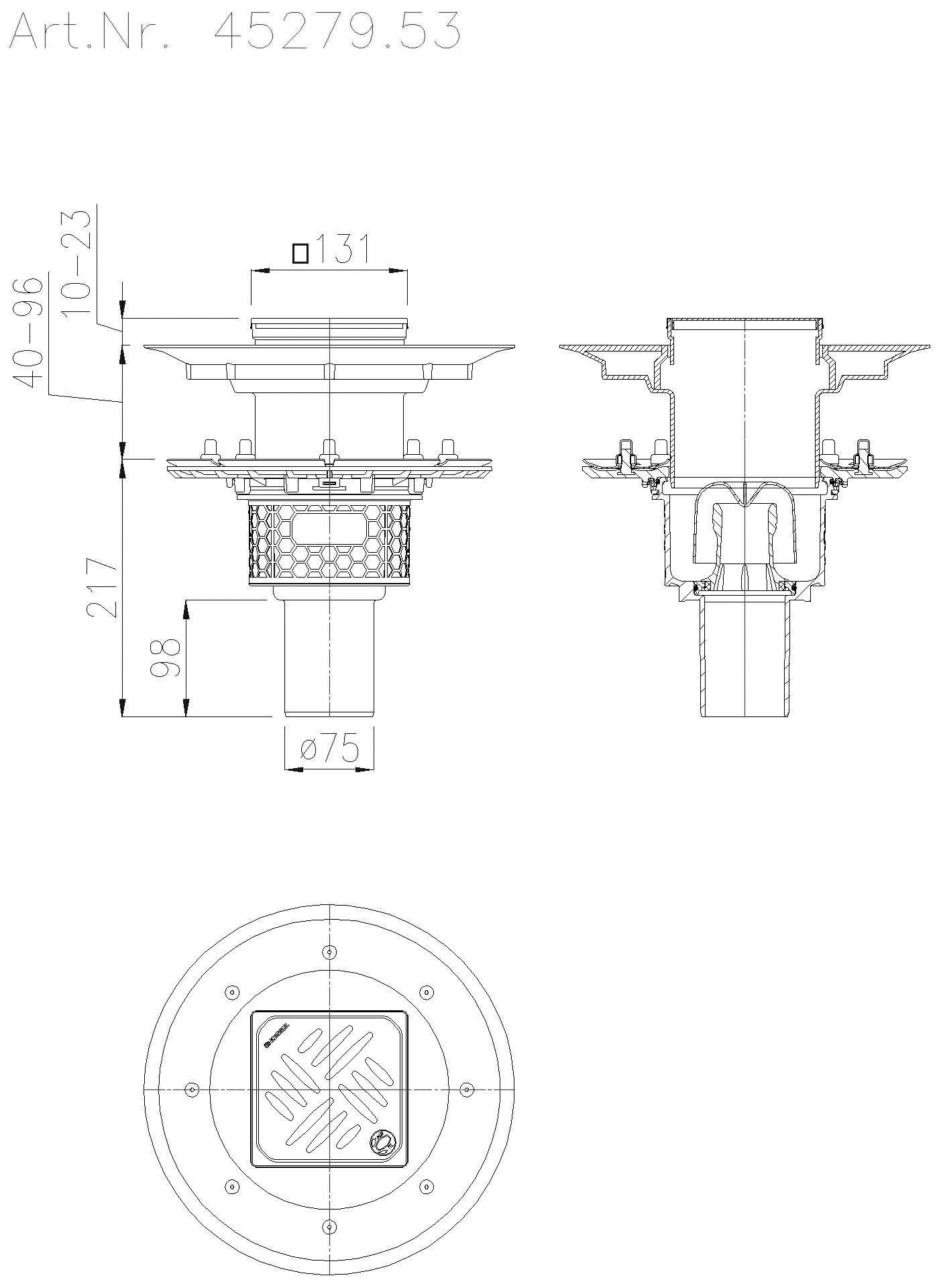 KESSEL-Objektablauf Practicus Pressfl. DN70 senkr.,Dünnbett.,Designrost Kessel
