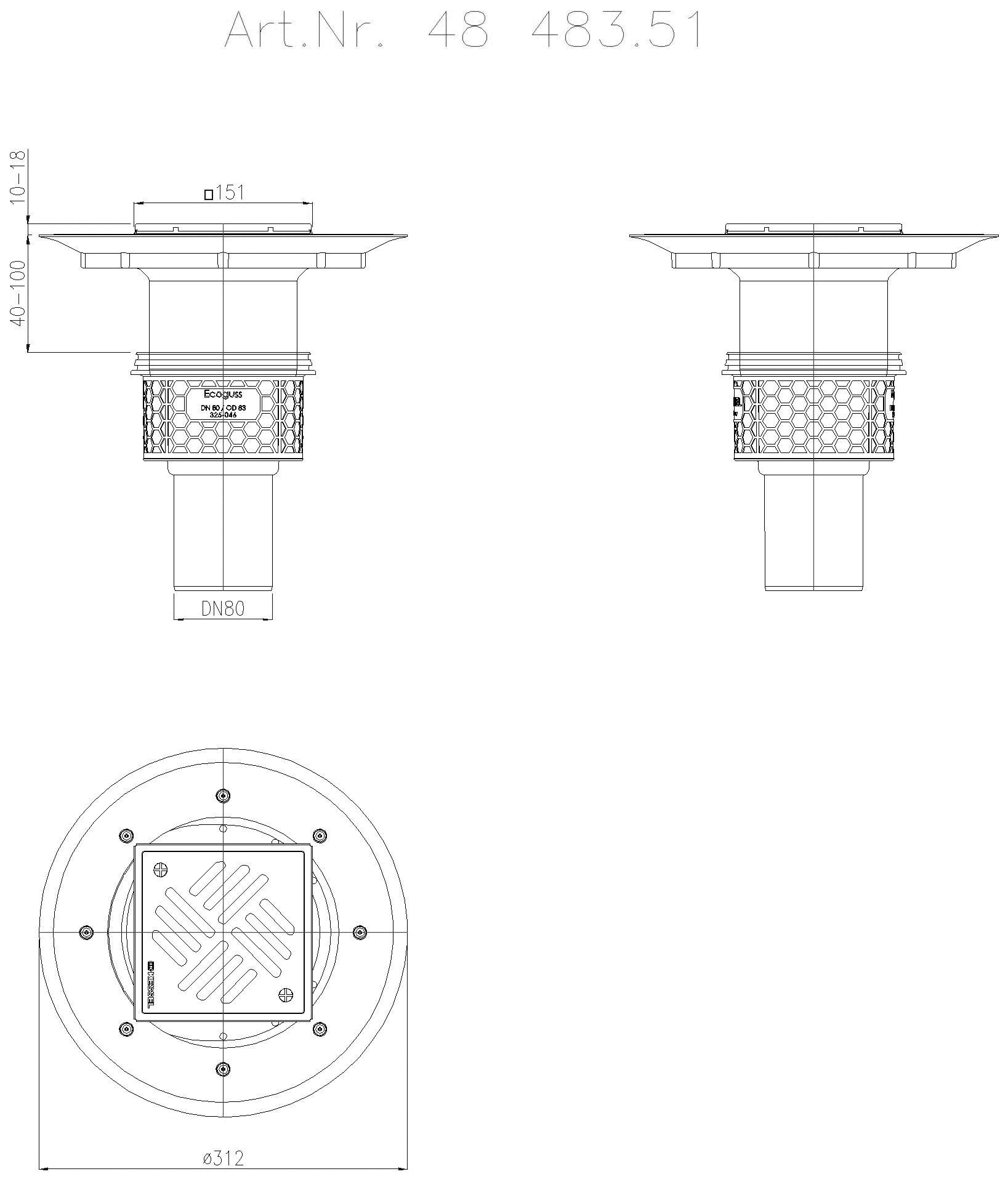KESSEL Entwässerungstechnik - KESSEL-Boden-/Deckenablauf Ecoguss DN 80, senkr., Variofix, Schlitzrost