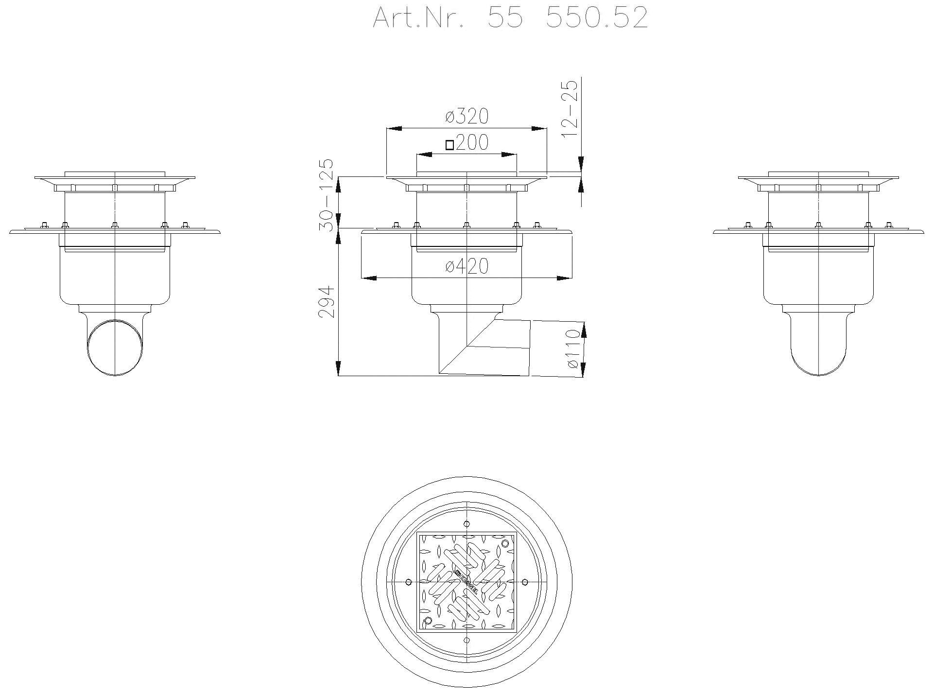 KESSEL-Ablauf Ferrofix Pressfl. DN100, seitl., Schlitzrost,200x200